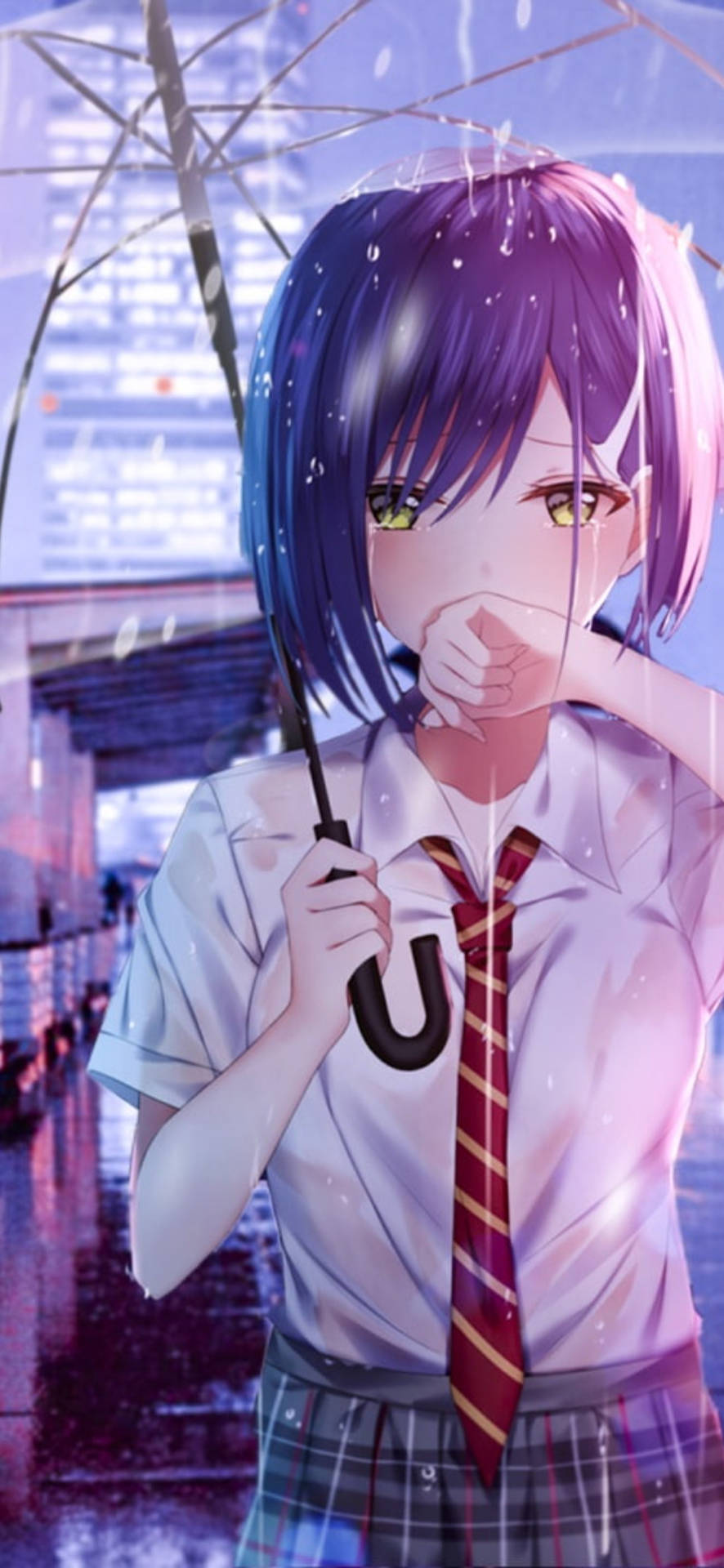 穿著校服的動漫女孩在雨夜城市中撐傘 — 日式美學 iPhone 壁紙 壁紙