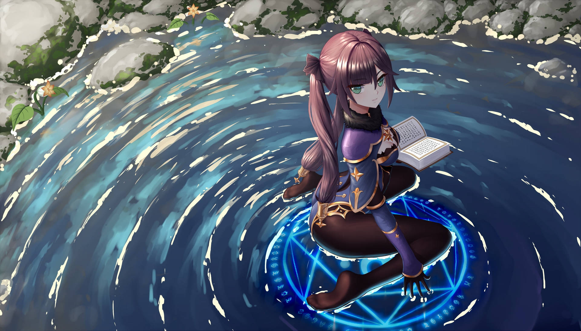 動漫女孩在流動的河流中發光的魔法陣上看書。 — 原神 壁紙