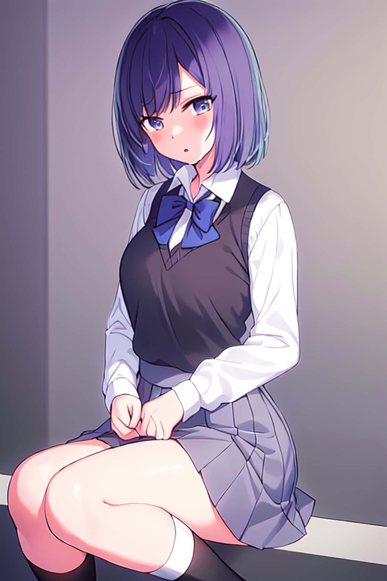  壁紙 — 一個紫髮動漫女學生穿著校服，靠著素牆盤腿而坐，臉頰微微泛紅。