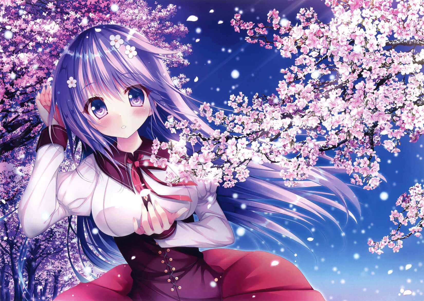 壁紙 — 一位紫髮動漫少女穿著校服，坐在星空下閃爍的櫻花樹下。