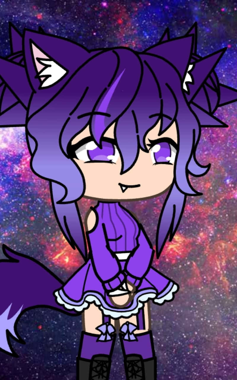  壁紙 — 一個紫髮貓耳的可愛動漫女孩，站在充滿活力的宇宙銀河背景前。