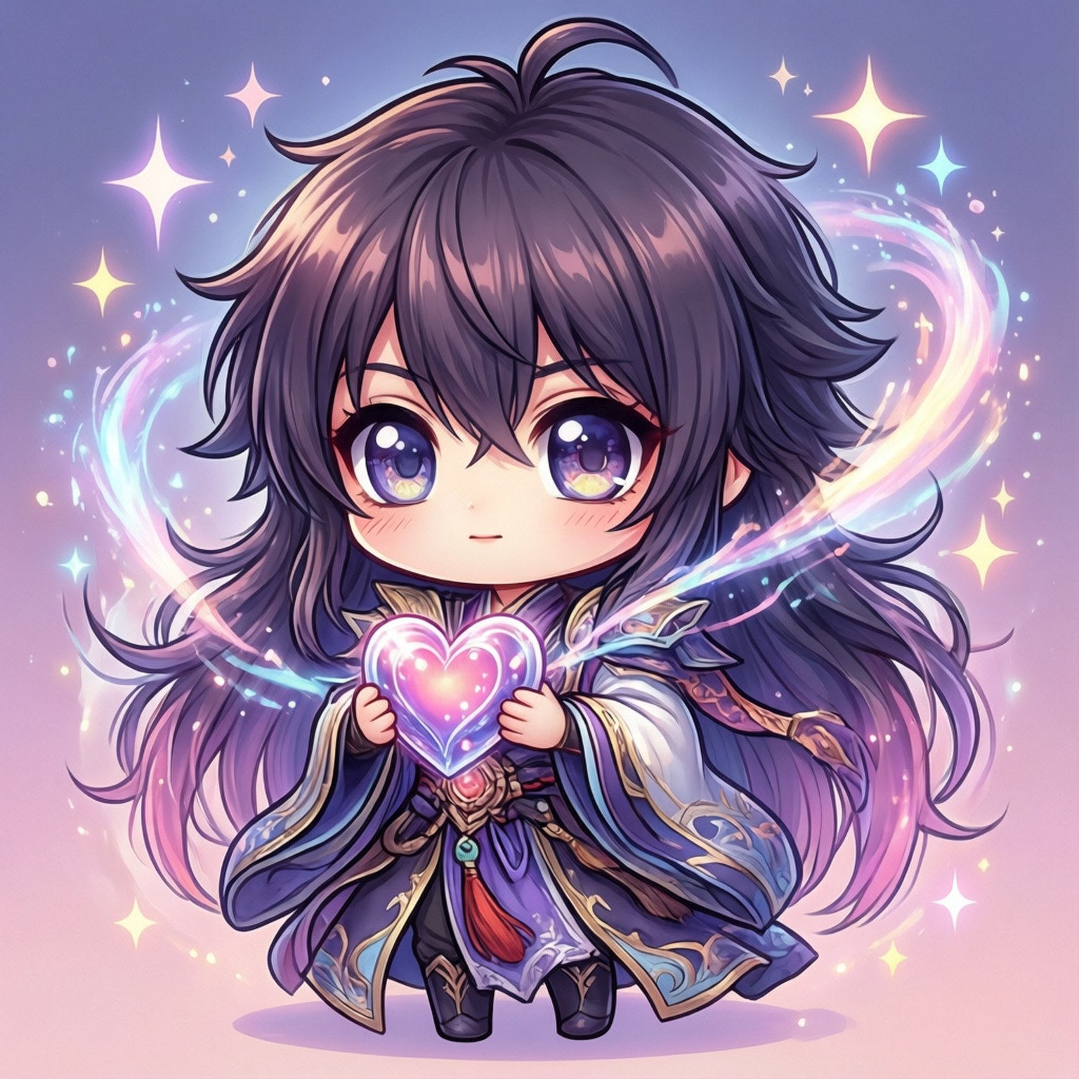 Chibi Love 壁紙 — 一個紫髮紫眼的Q版動畫魔法師，手持被閃爍魔法能量包圍的發光心形。