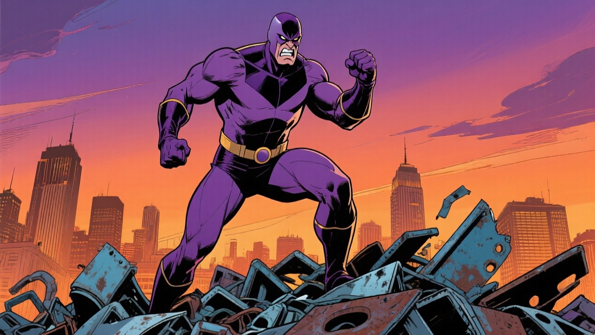 Magneto on Metal Pile 壁紙 — 一個肌肉發達、身穿紫色套裝的超級英雄挑釁地站在瓦礫上，背後是橙色和紫色暮光中閃耀的城市天際線。
