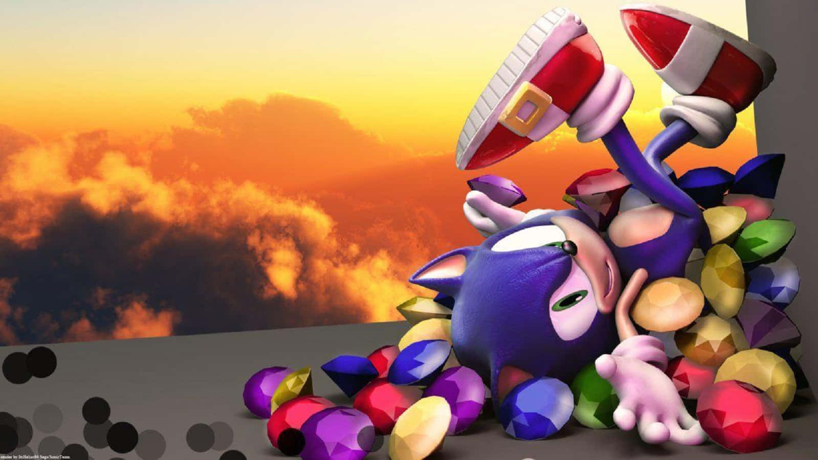 Chaos Emeralds 桌布 壁紙 — 一隻紫色刺蝟玩樂地埋在色彩繽紛的寶石中，背景是熾熱的日落天空。