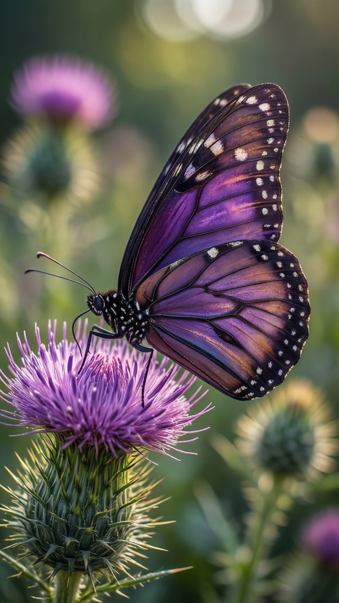 Violet Butterfly Macro 壁紙 — 一隻鮮豔的紫色帝王蝶帶有白色斑點，輕輕停在一朵帶刺的紫色薊花上，背景是柔和模糊的綠色。