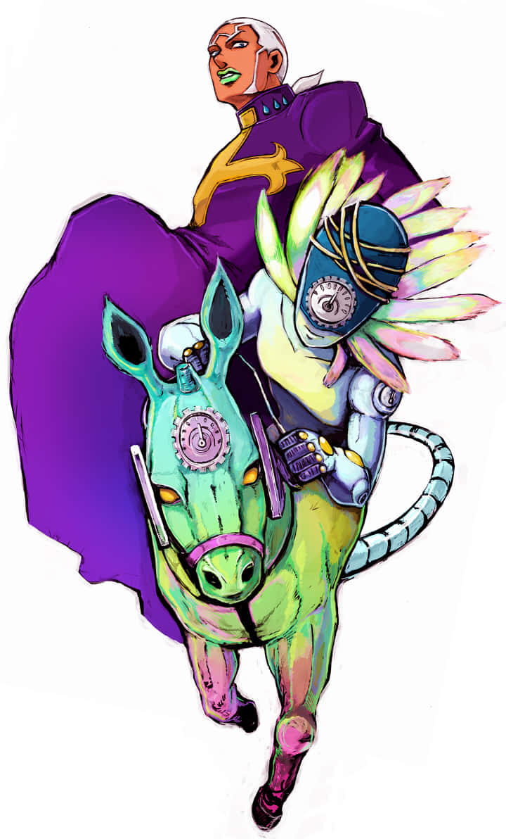  壁紙 — 一幅充滿活力的動漫風格插圖，描繪一名身穿紫色斗篷的男子騎著一匹色彩繽紛、眼睛發光的機械馬。