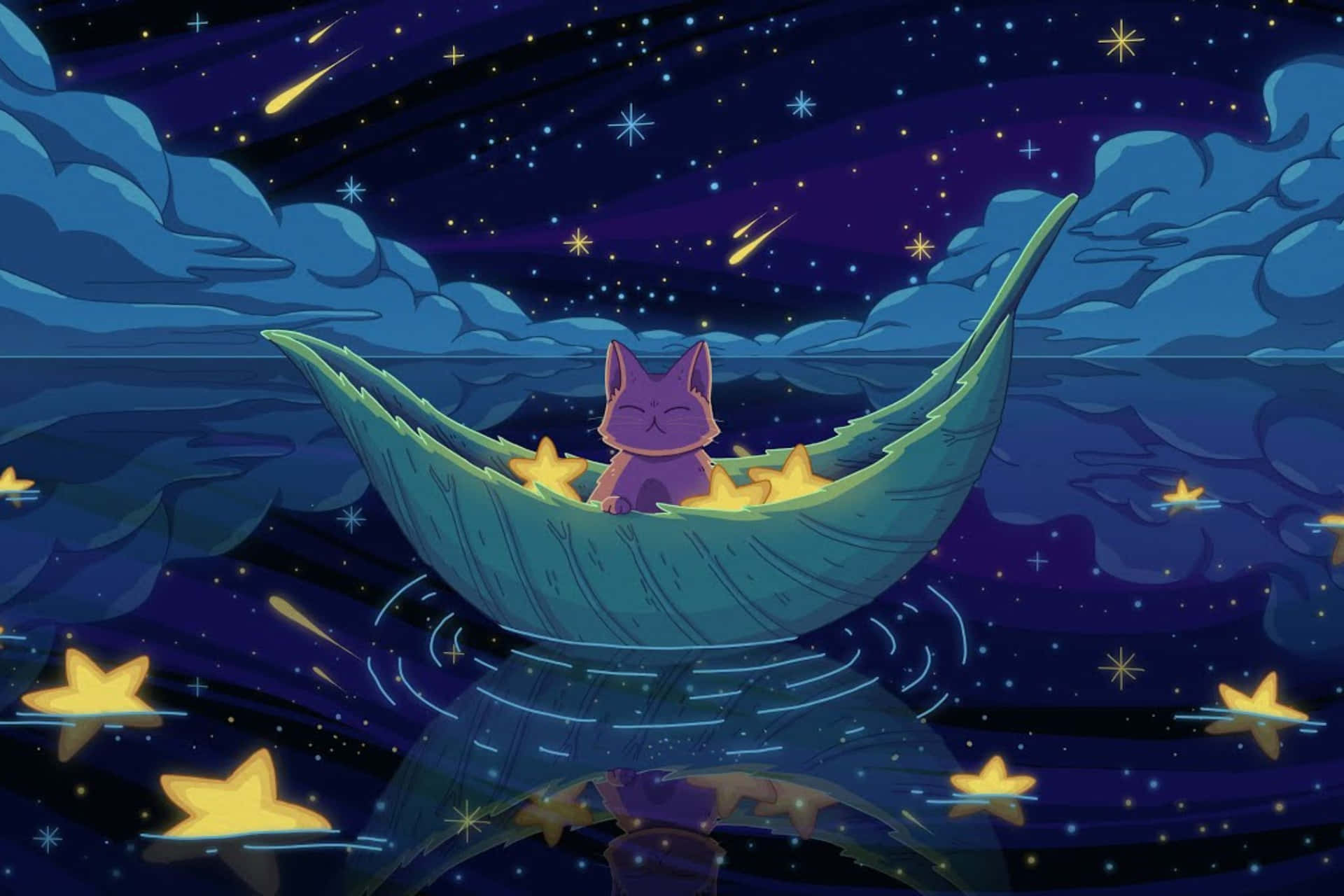  壁紙 — 一隻紫色的貓咪在葉子船上平靜地漂浮，映照在星光燦爛的夜空和水中閃爍的黃色星星上。