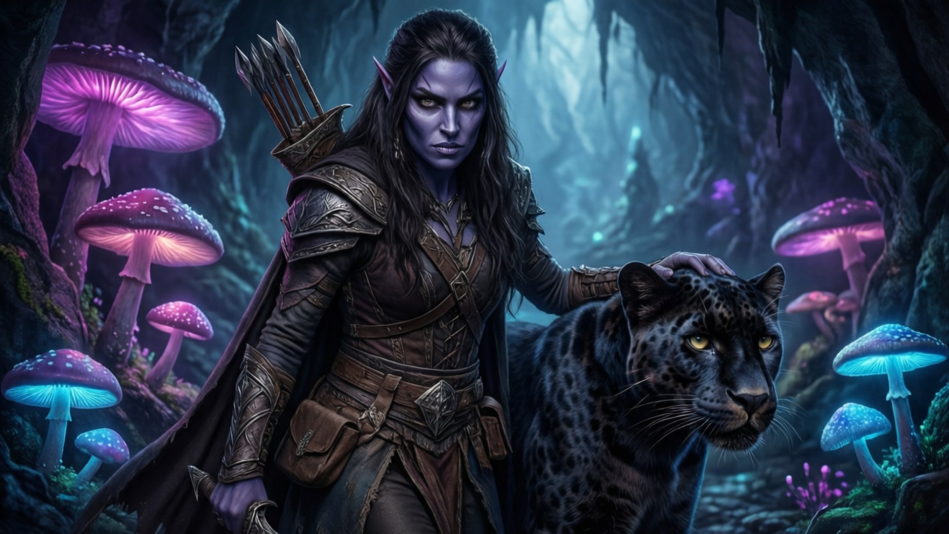 Underdark Stalker 壁紙 — 一位紫色皮膚的精靈戰士身穿皮甲，站在一隻黑豹旁邊，身處一個由發光粉紅色和藍色蘑菇照亮的神秘洞穴中。