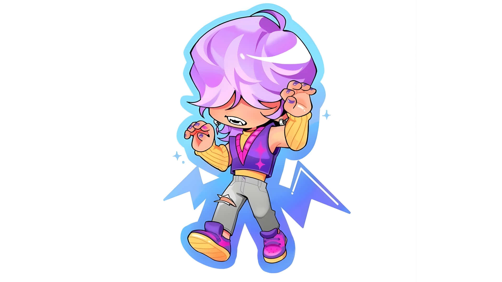  壁紙 — 一個紫色頭髮、穿著星星服裝的Q版動漫角色，在藍色閃電背景下充滿活力地跳舞。