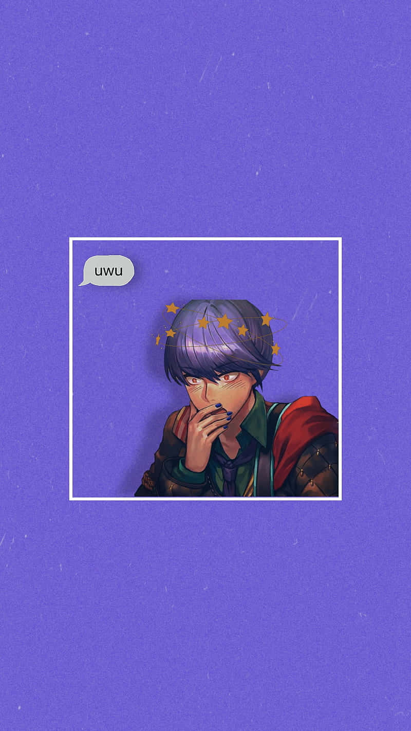 壁紙 — 一個紫色頭髮帶有星星裝飾的動漫角色，在白色邊框的畫面中遮住嘴巴，背景為純紫色，並有一個寫著 'uwu' 的對話框。