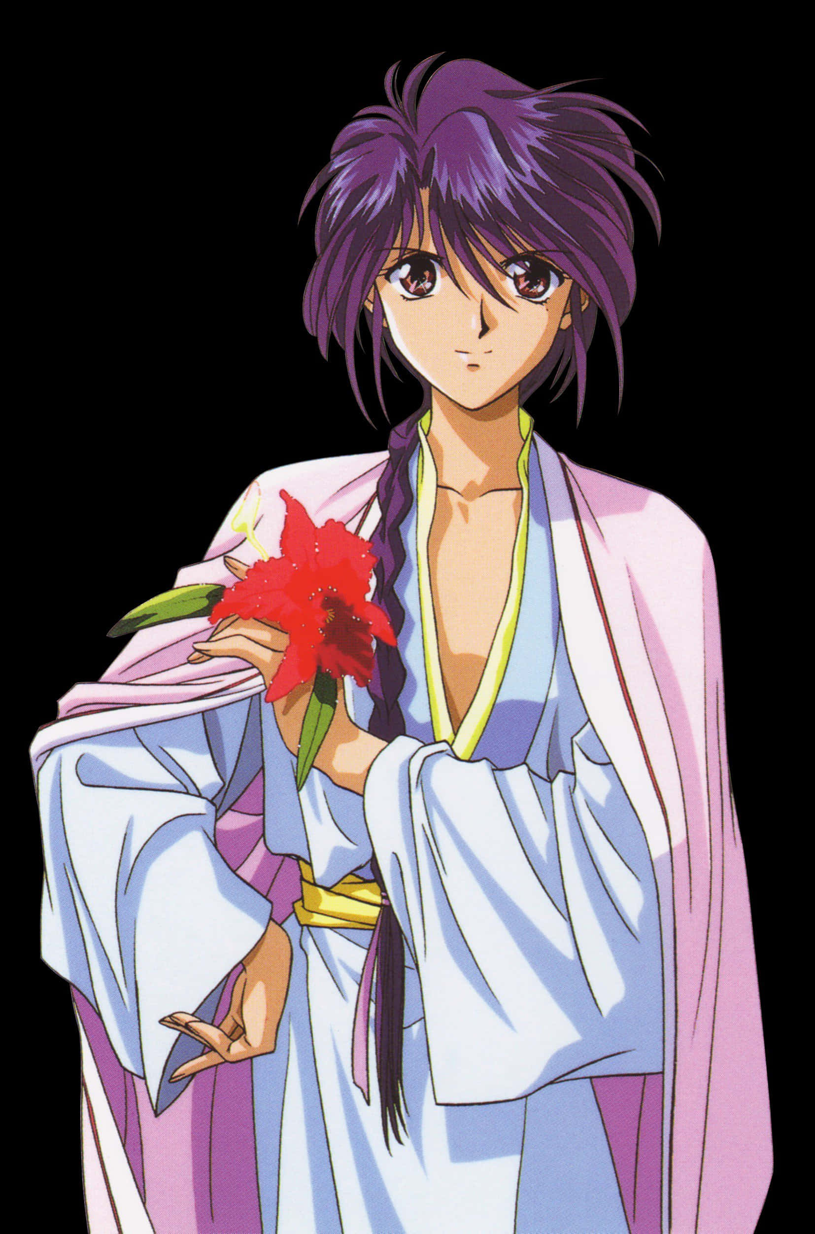 Fushigi Yuugi Nuriko 桌布 壁紙 — 紫色頭髮的動漫角色在黑色背景下穿著傳統長袍手持紅花。