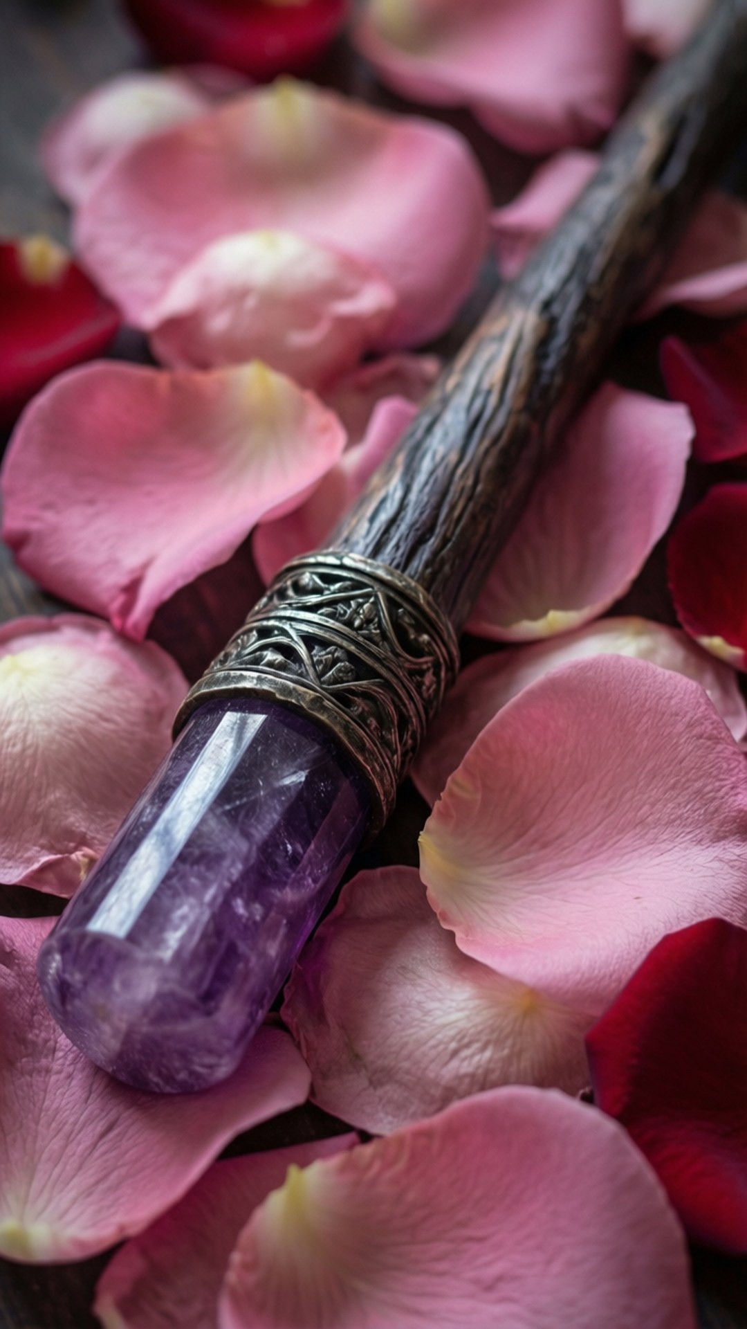 Romantic Amethyst Wand 壁紙 — 一根帶有裝飾金屬帶的紫色紫水晶水晶魔杖放在柔和的粉紅色和紅色玫瑰花瓣之間。