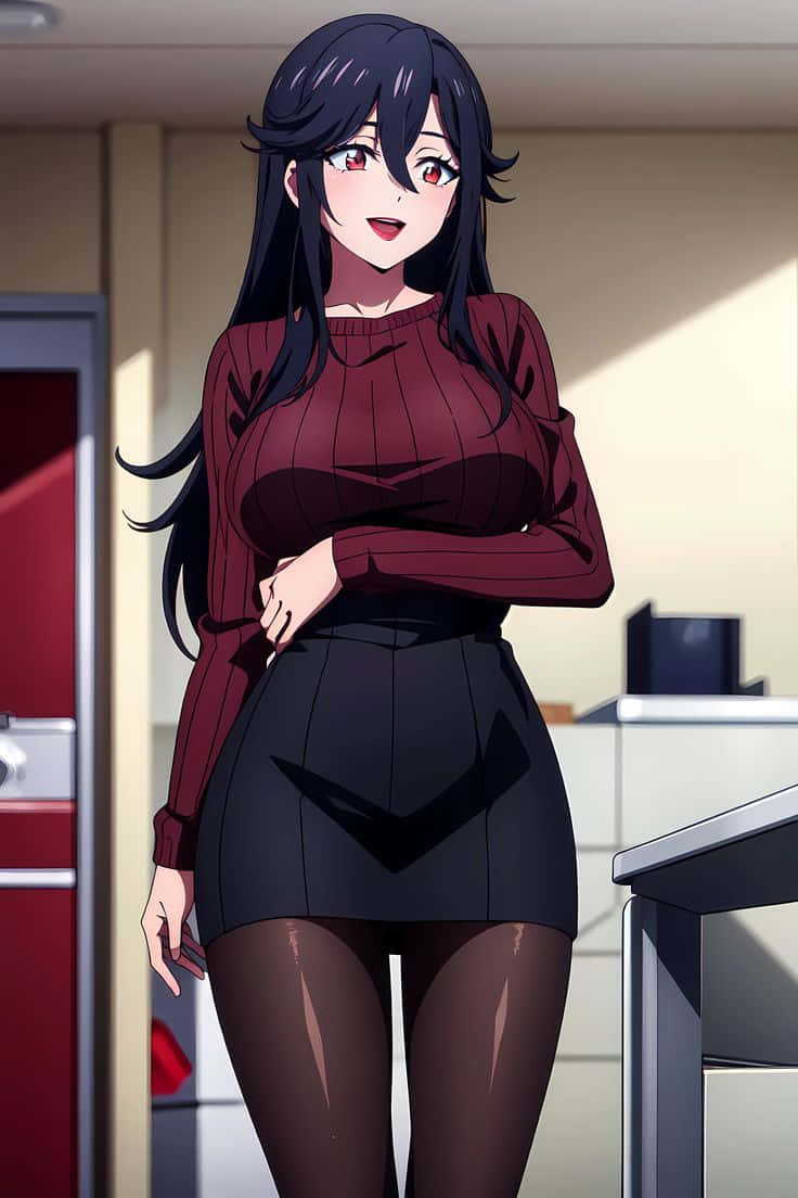  壁紙 — 一位自信的動漫女性，長著黑色長髮和紅色眼睛，站在現代辦公室裡，穿著栗色上衣和黑色裙子。