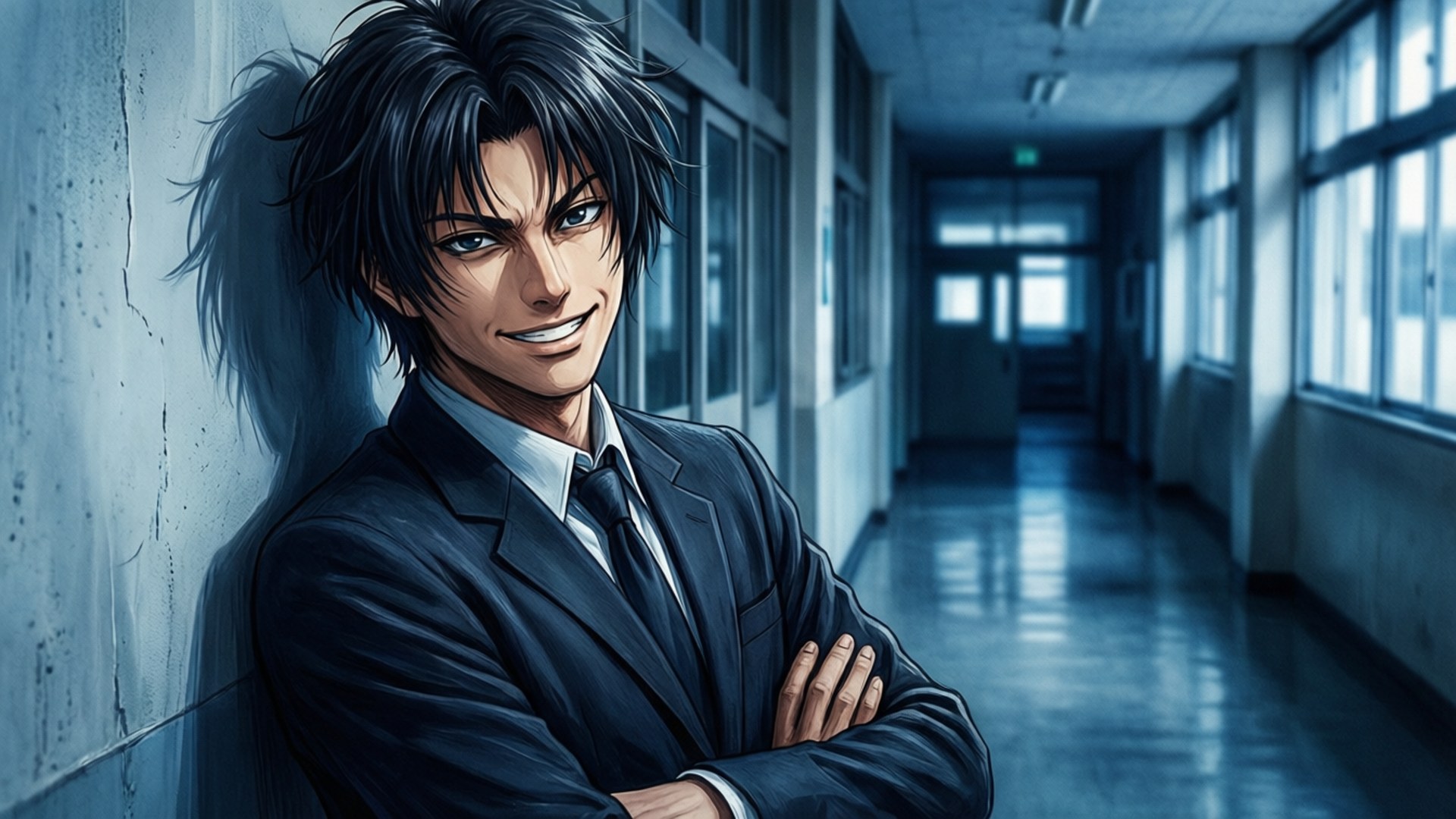 Usui's Smirk 壁紙 — 一個自信的動漫男子穿著深色西裝，在藍色燈光的長長學校走廊中交叉雙臂靠在牆上。