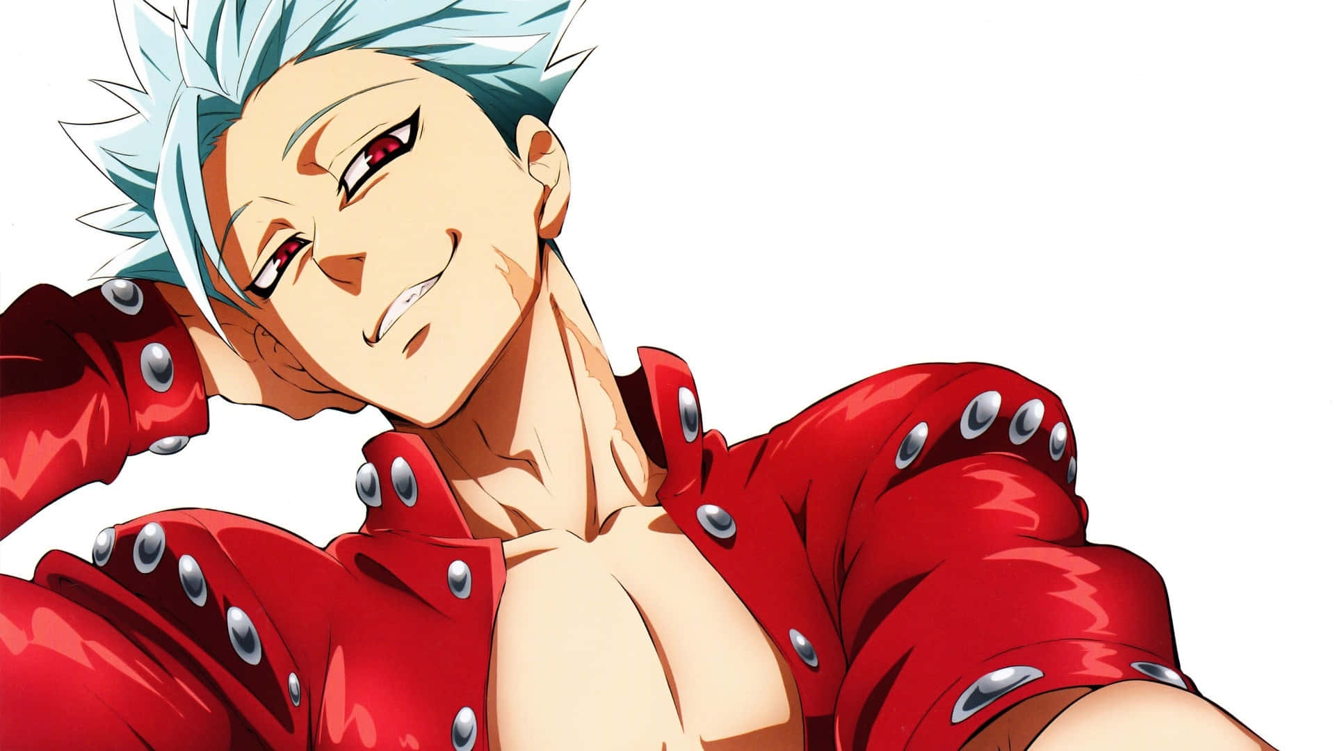 Seven Deadly Sins Ban 桌布 壁紙 — 一個自信的動漫男子，擁有尖刺的藍色頭髮和紅色眼睛，穿著紅色鉚釘外套，在白色背景前微笑。