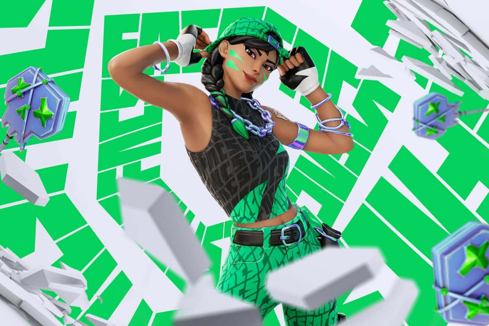  壁紙 — 一個自信的Fortnite角色穿著綠色和黑色的裝備，在破碎的綠色和白色幾何背景前動態擺姿勢。