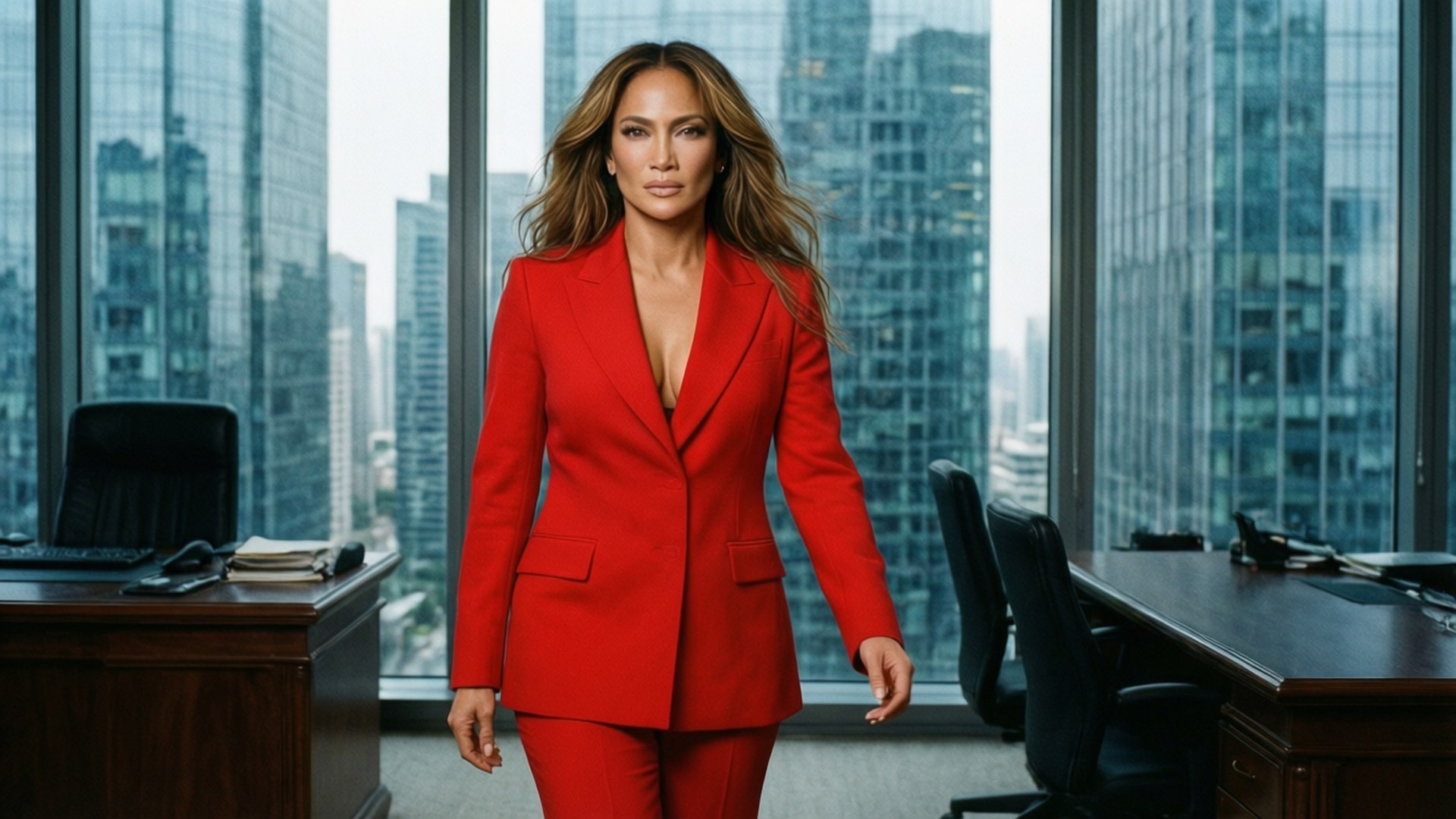 Jennifer Lopez 桌布 壁紙 — 一位自信的女性穿著大膽的紅色西裝，站在現代辦公室中，透過落地窗欣賞全景城市景觀。