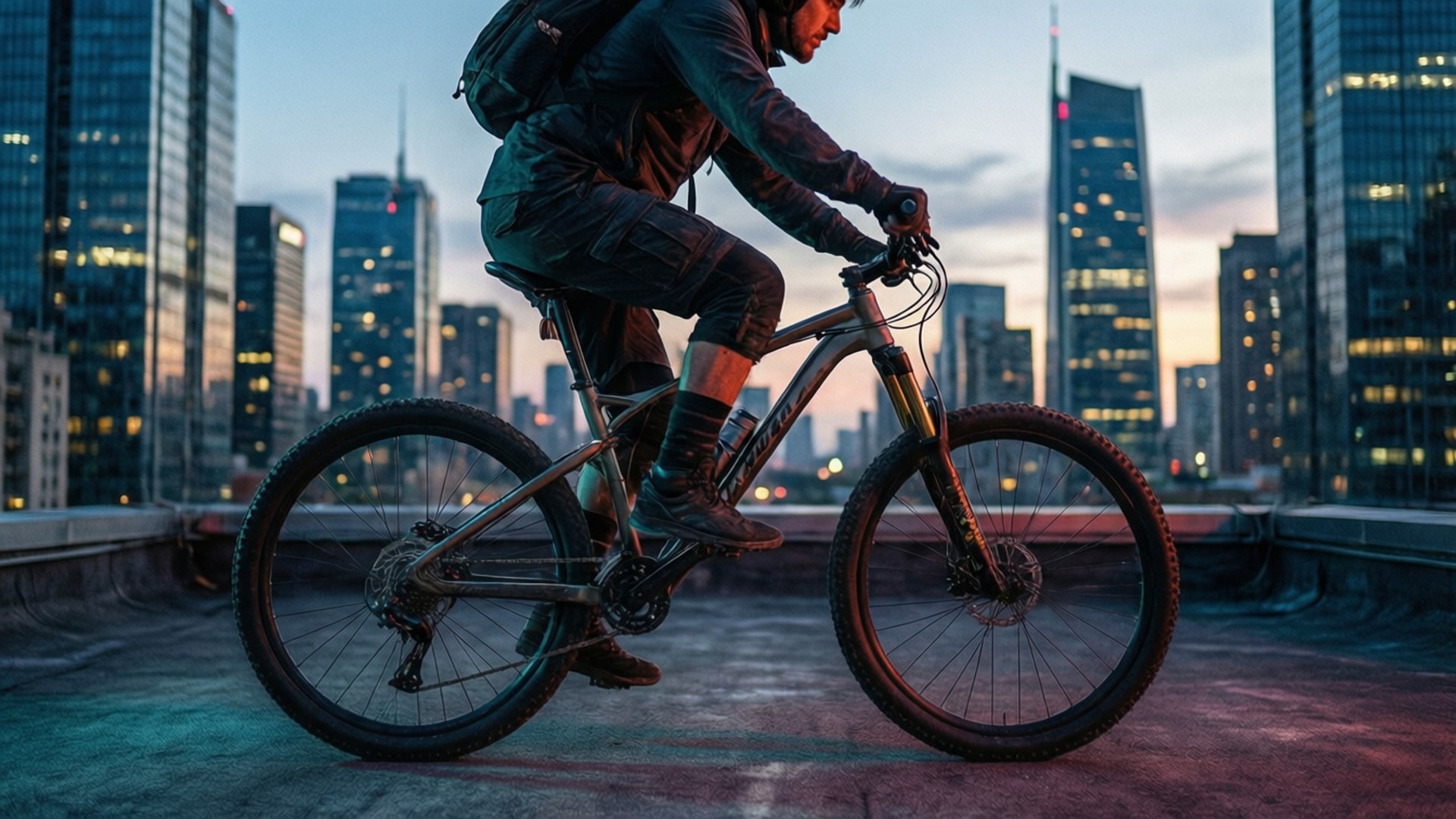 Urban Rooftop Cruise 壁紙 — 一名自行車騎士在黃昏時分於屋頂上踩著登山車，背後是發光的城市天際線。