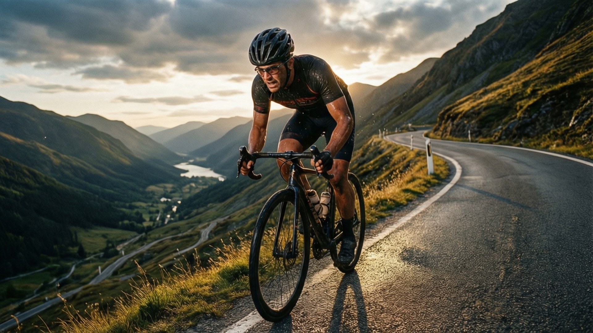 Climb Every Hill 壁紙 — 一名自行車騎士在日落時分於蜿蜒的山路上奮力踩踏，下方是戲劇性的雲彩和山谷。
