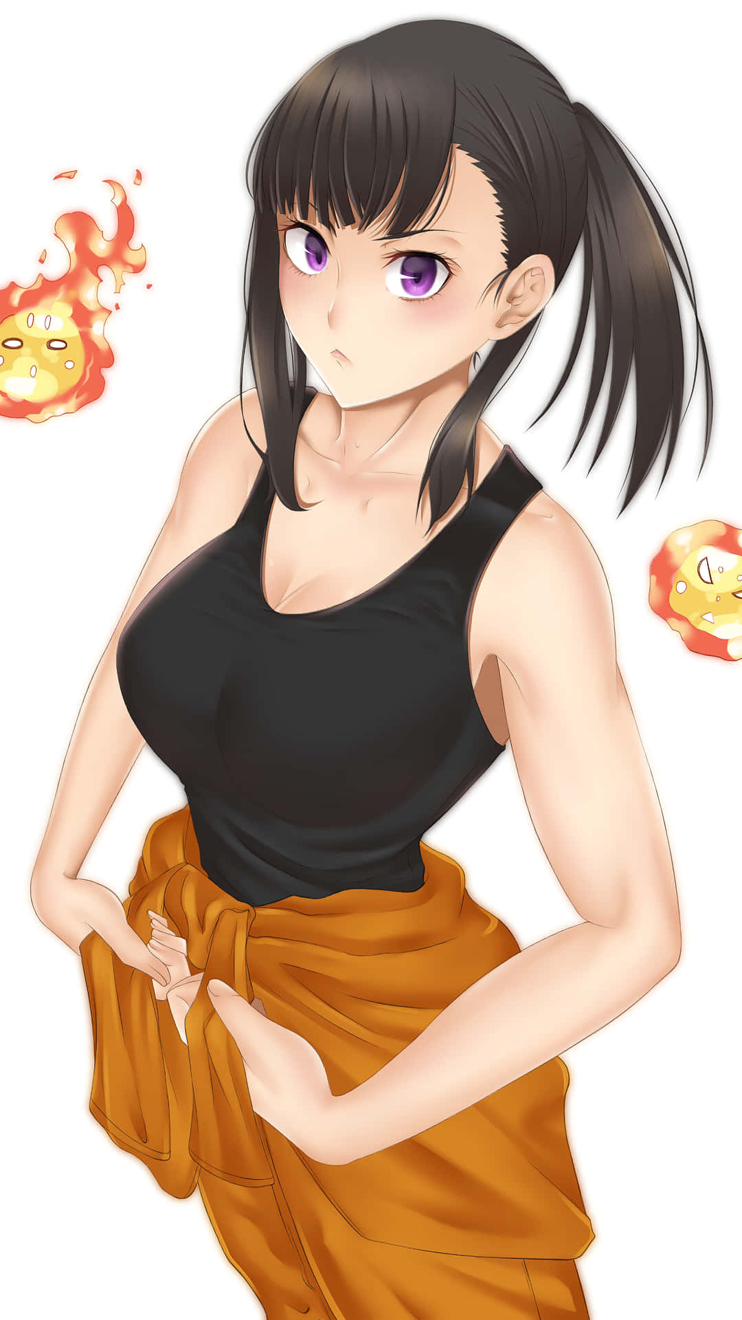  壁紙 — 紫眼黑髮紮成馬尾的動漫女孩，身穿黑色上衣和橙色裙子，旁邊漂浮著火焰表情符號。