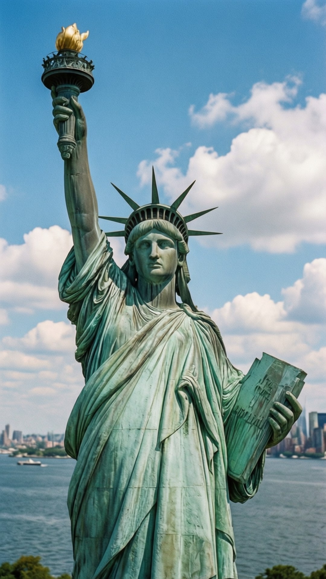 Statue of Liberty Blue Sky 壁紙 — 自由女神像高聳在藍天白雲下，手持火炬和石板，靠近水域，遠處是城市天際線。