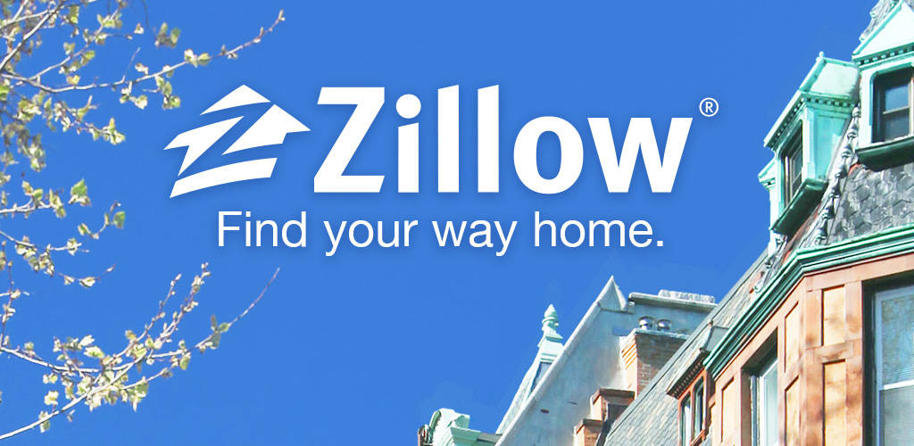 Blue Sky 桌布 壁紙 — Zillow 標誌在晴朗的藍天下，漂浮在華麗的屋頂和萌芽的樹枝之上。