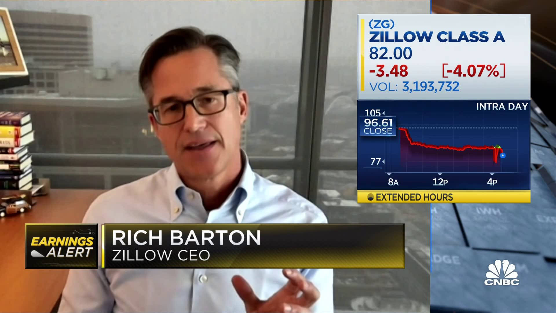 金錢 桌布 壁紙 — Zillow執行長Rich Barton在CNBC上談及盈利預警，股票數據疊加顯示下跌。