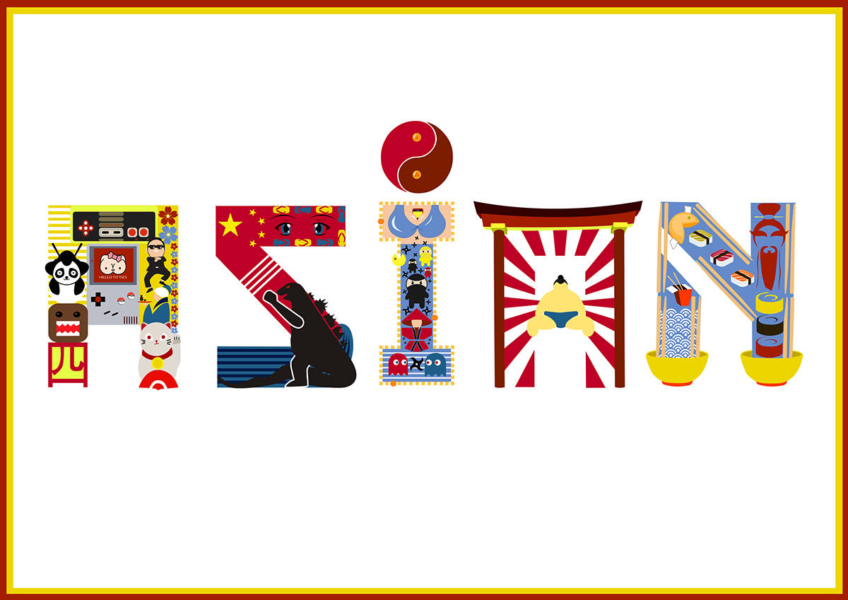 Asia 桌布 壁紙 — 「ZIN」這個字由色彩繽紛的風格化字母組成，每個字母都裝飾著日本文化圖標，例如相撲選手和壽司。