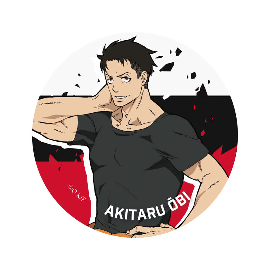 Akitaru Obi 桌布 壁紙 — 一個自信的動漫男人，黑髮黑T恤，在紅色和黑色碎裂的背景前展示肌肉。