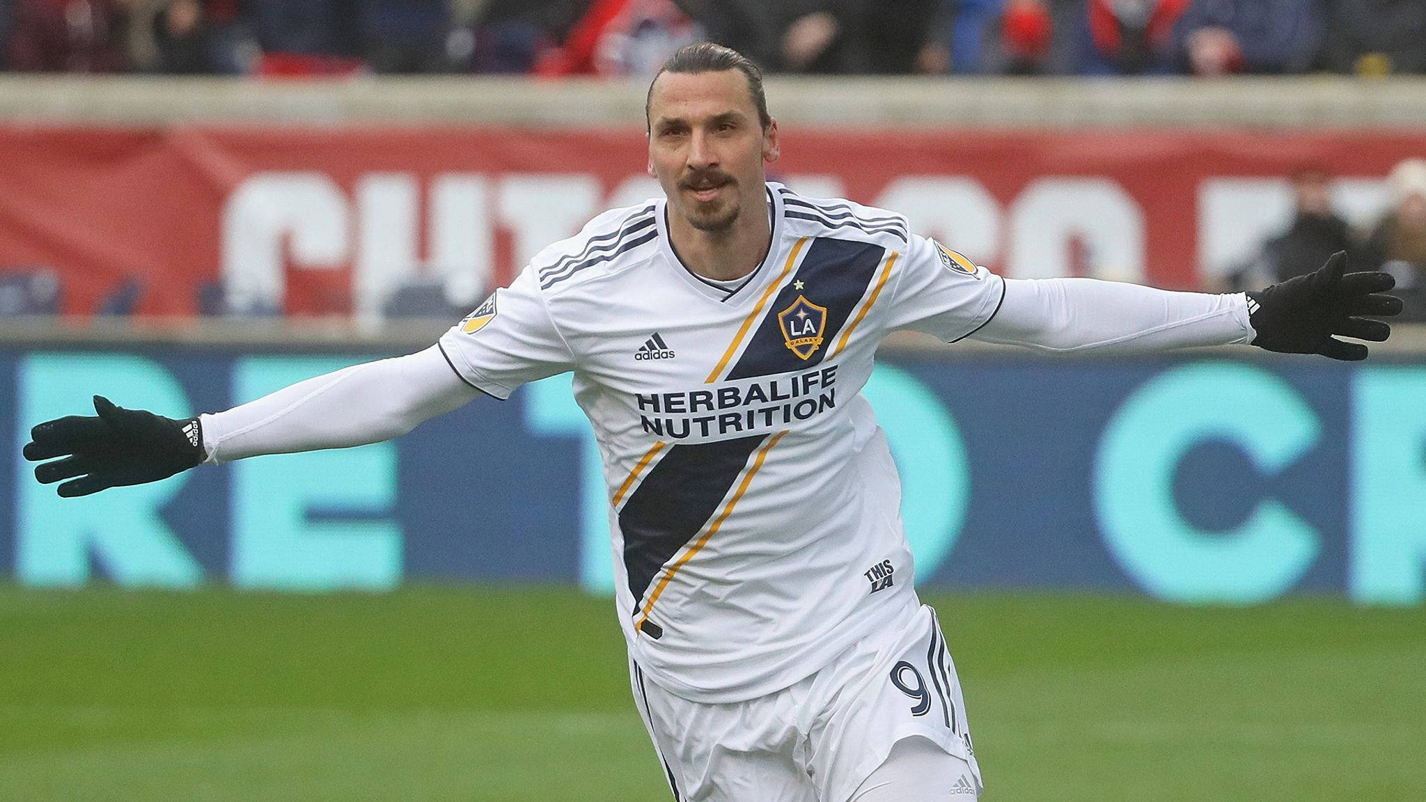 足球 桌布 壁紙 — Zlatan Ibrahimović 身穿LA Galaxy球衣，在綠色足球場上張開雙臂慶祝進球。