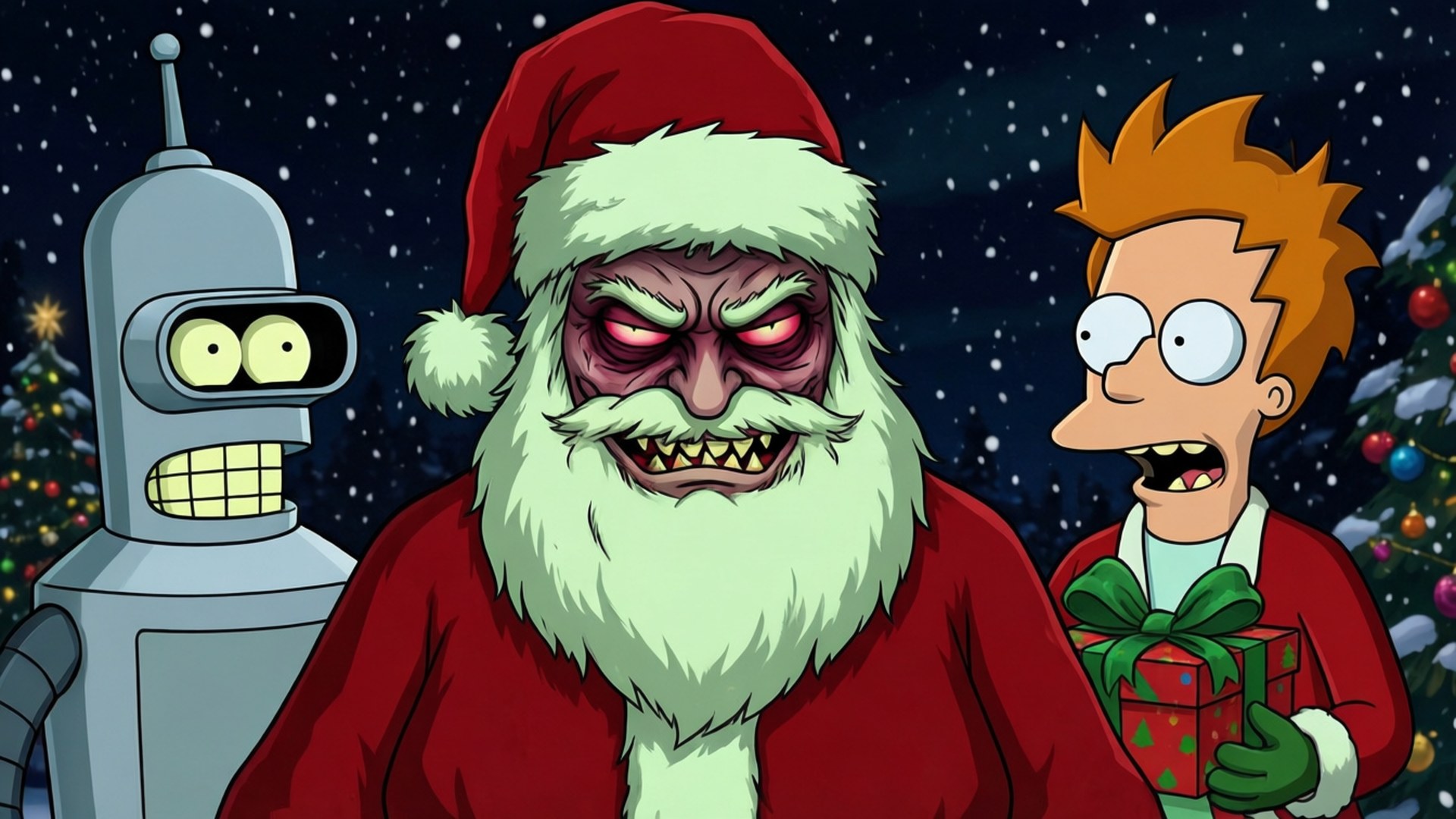 Futurama Robot Santa 壁紙 — 殭屍聖誕老人眼睛發紅發光，牙齒尖銳，威嚇地站在驚恐的Fry旁邊，Fry在飄雪中拿著禮物盒。