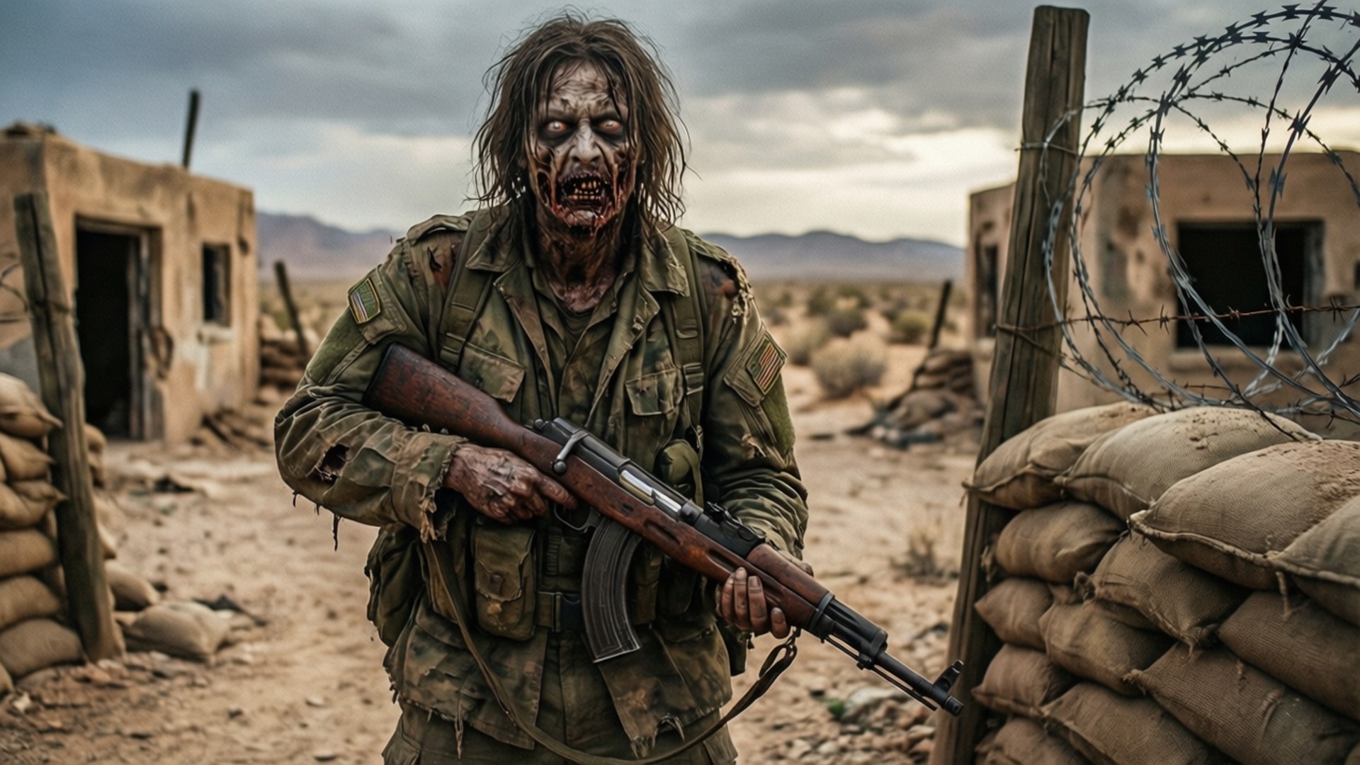 Undead Soldier 壁紙 — 一名身穿破爛軍服的殭屍士兵，在沙包、鐵絲網和廢墟建築中，於陰沉天空下緊握AK47步槍。