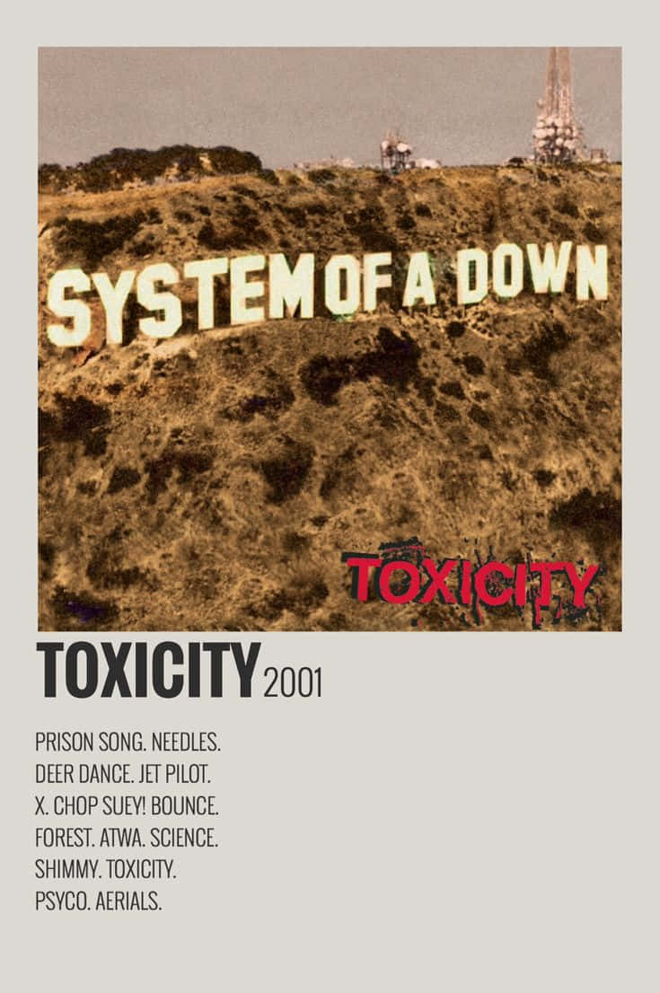  壁紙 — 一個棕褐色調的山坡，上面有大型字母 'SYSTEM OF A DOWN'，下方有紅色塗鴉 'TOXICITY'。