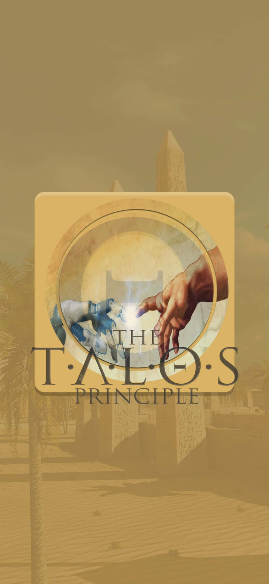 iPhone Xs The Talos Principle 桌布 壁紙 — The Talos Principle 的棕褐色調遊戲標誌，一隻手伸向發光的球體，背景是古代遺跡。
