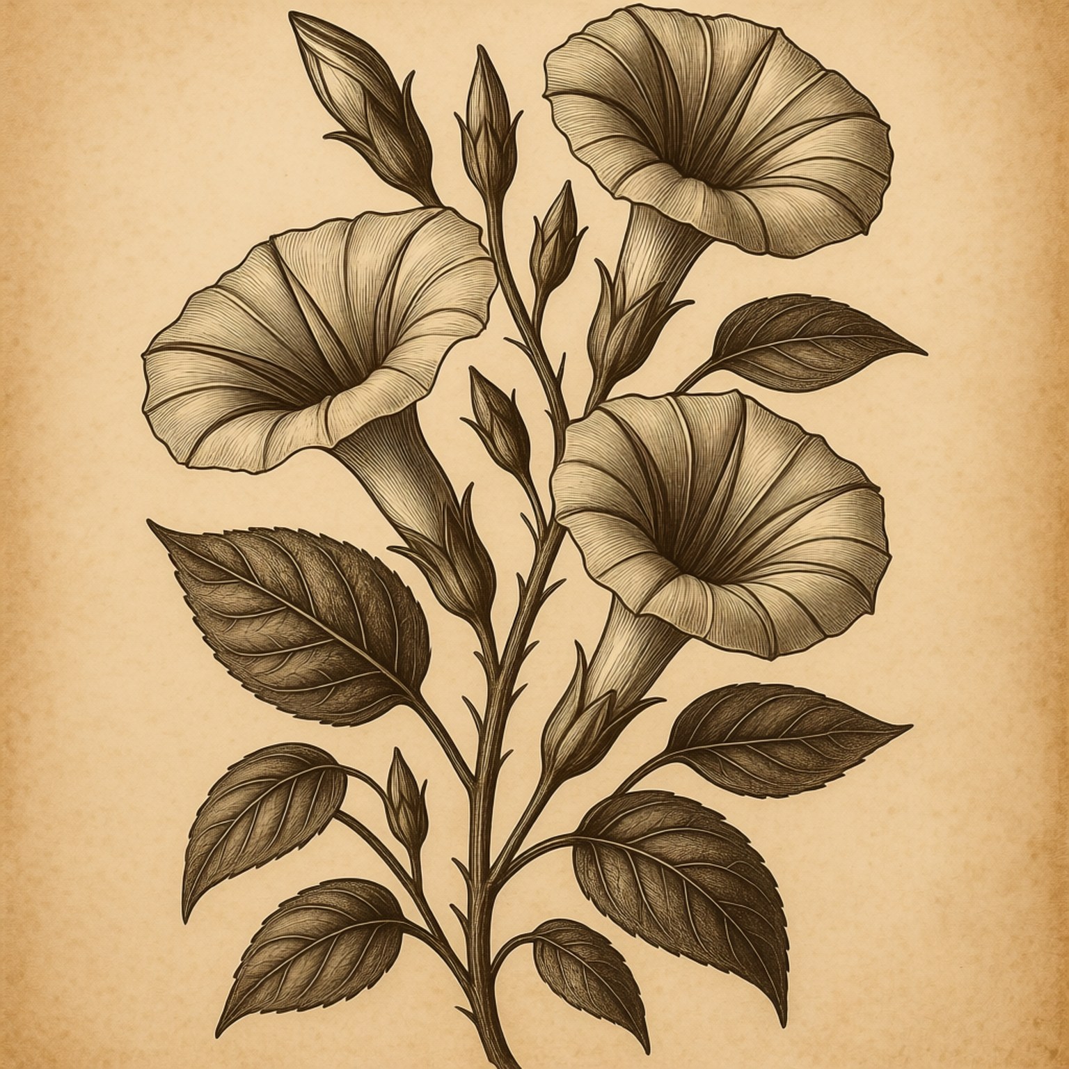 Vintage Botanical Morning Glory 壁紙 — 一幅複雜的棕褐色植物插圖，描繪了開花的藤蔓，帶有喇叭形花朵和詳細的葉子，繪於舊紙上。