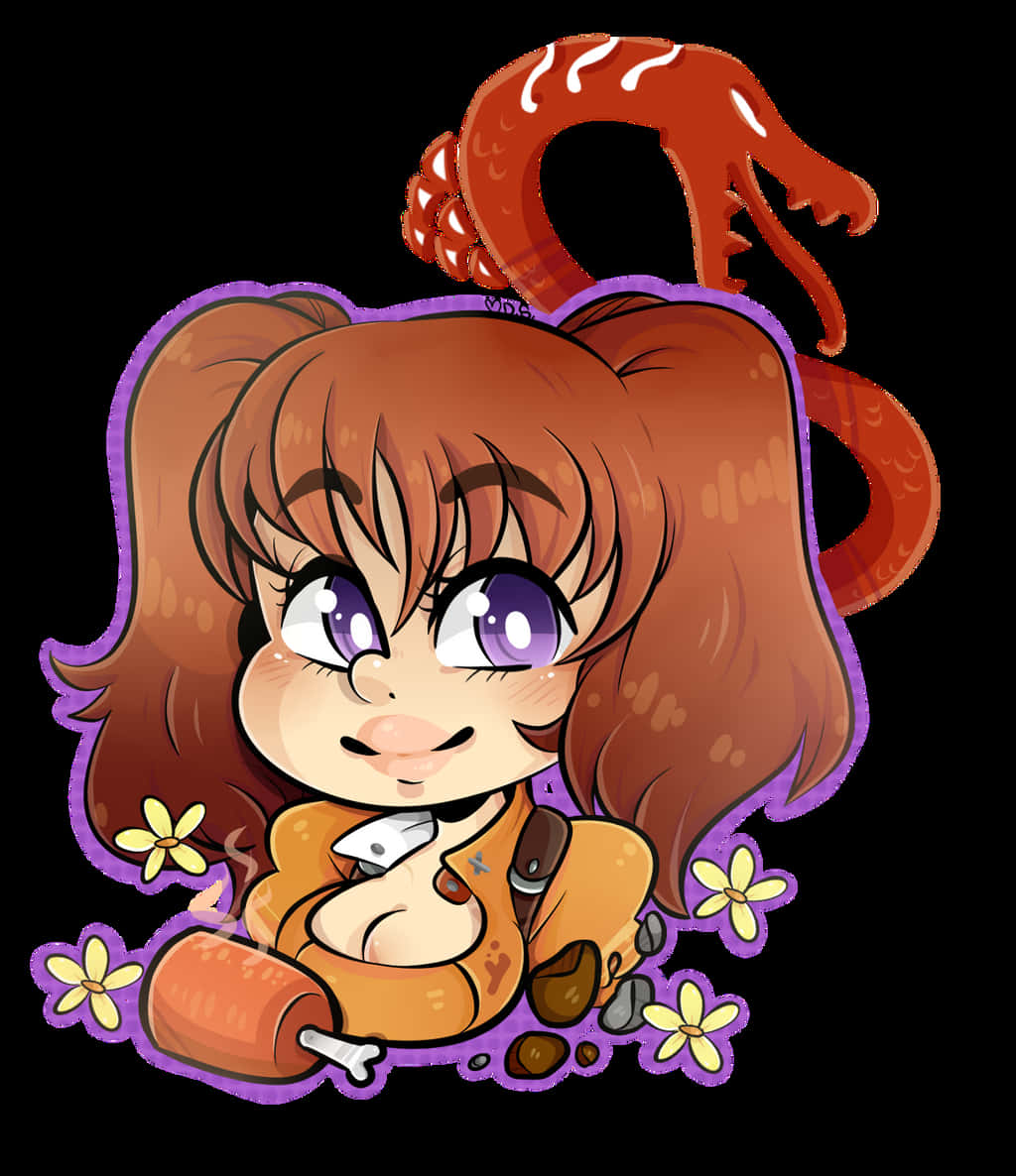 Seven Deadly Sins Diane 桌布 壁紙 — 棕色雙馬尾、紫色眼睛的Q版動漫女孩，開心坐著，手持冒煙骨頭，周圍有黃色花朵和紅色龍尾。