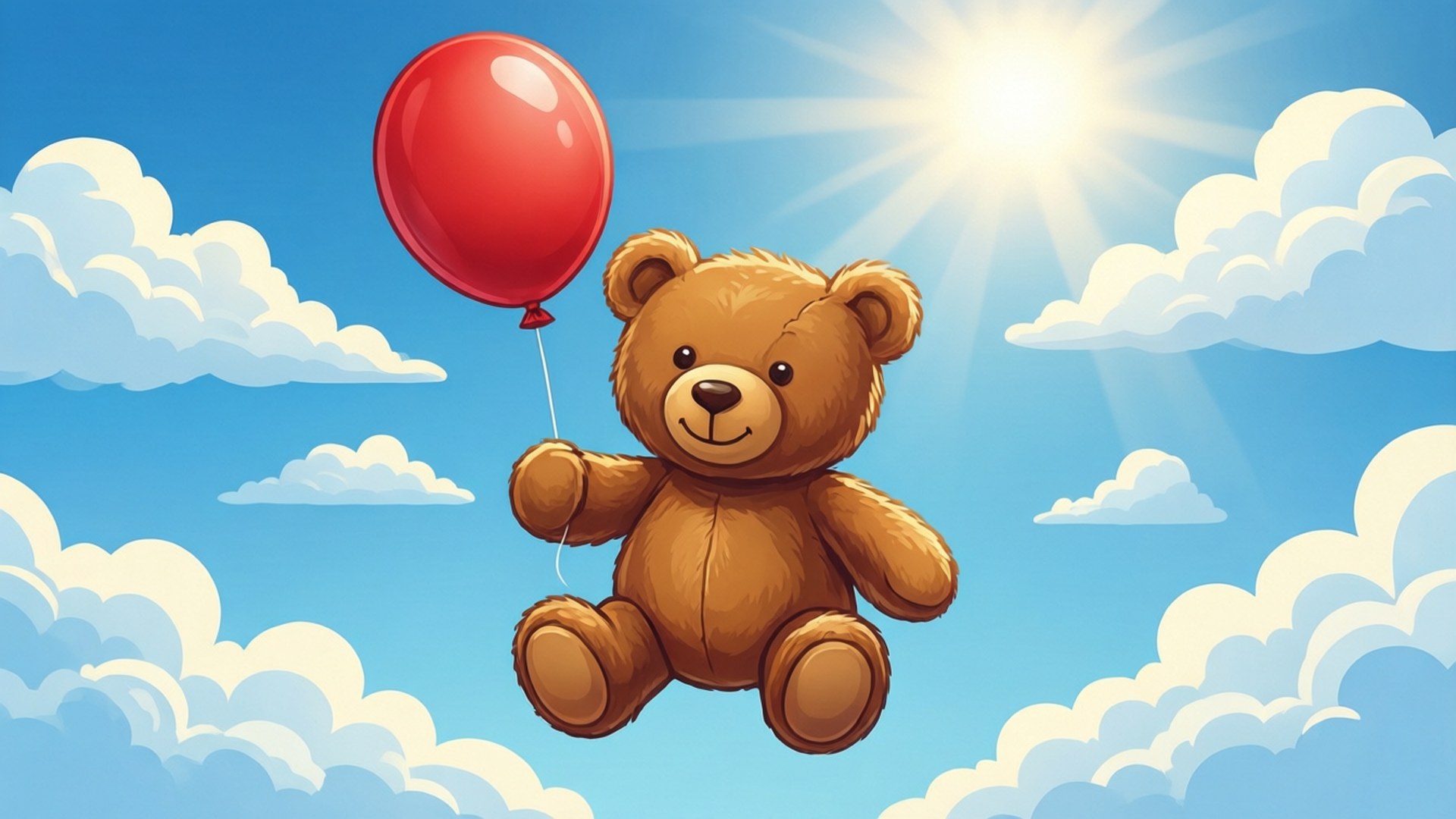 Teddy Bear with Balloon 壁紙 — 一隻棕色泰迪熊在明亮的藍天中快樂地漂浮，拿著一個紅色氣球，在閃耀的太陽下。