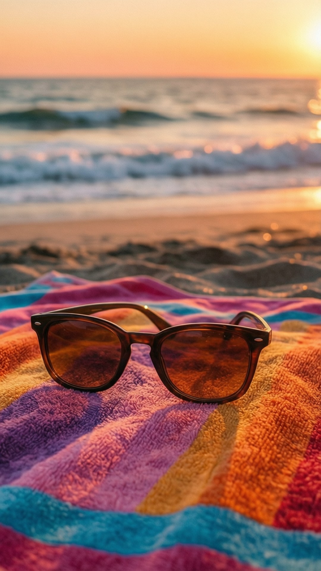 Sunglasses on Beach Towel 壁紙 — 棕色太陽眼鏡放在色彩繽紛的條紋毛巾上，海浪在沙灘上日落時分拍打。