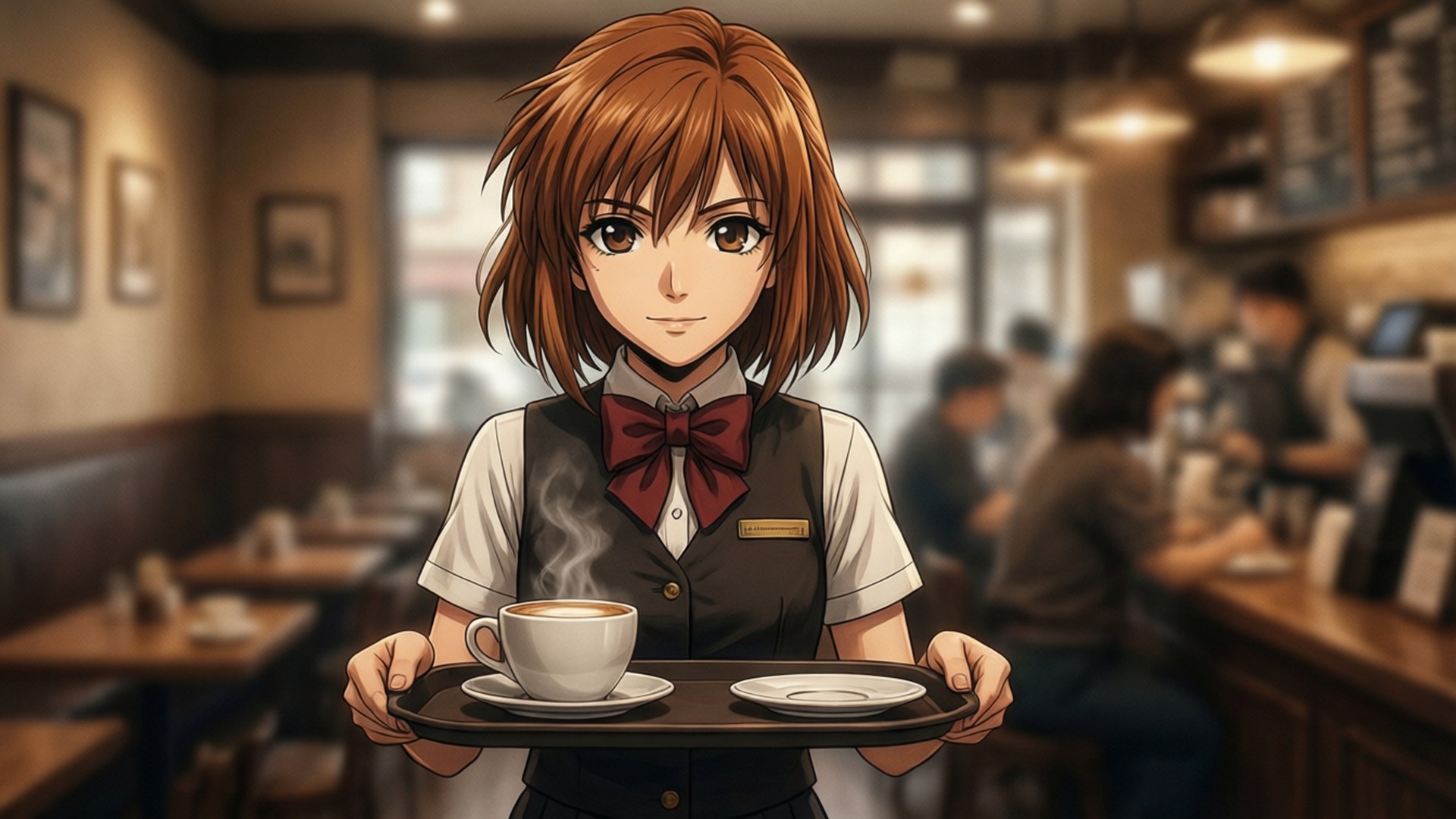 kimi ga nozomu eien 桌布 壁紙 — 棕色頭髮的動漫女服務生在舒適的咖啡館中提供冒煙的咖啡，環境有溫暖的燈光和模糊的顧客。