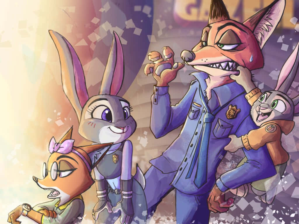  壁紙 — Zootopia 警察 Nick、Judy 和 Clawhauser 在充滿活力的動畫場景中用五彩紙屑慶祝。