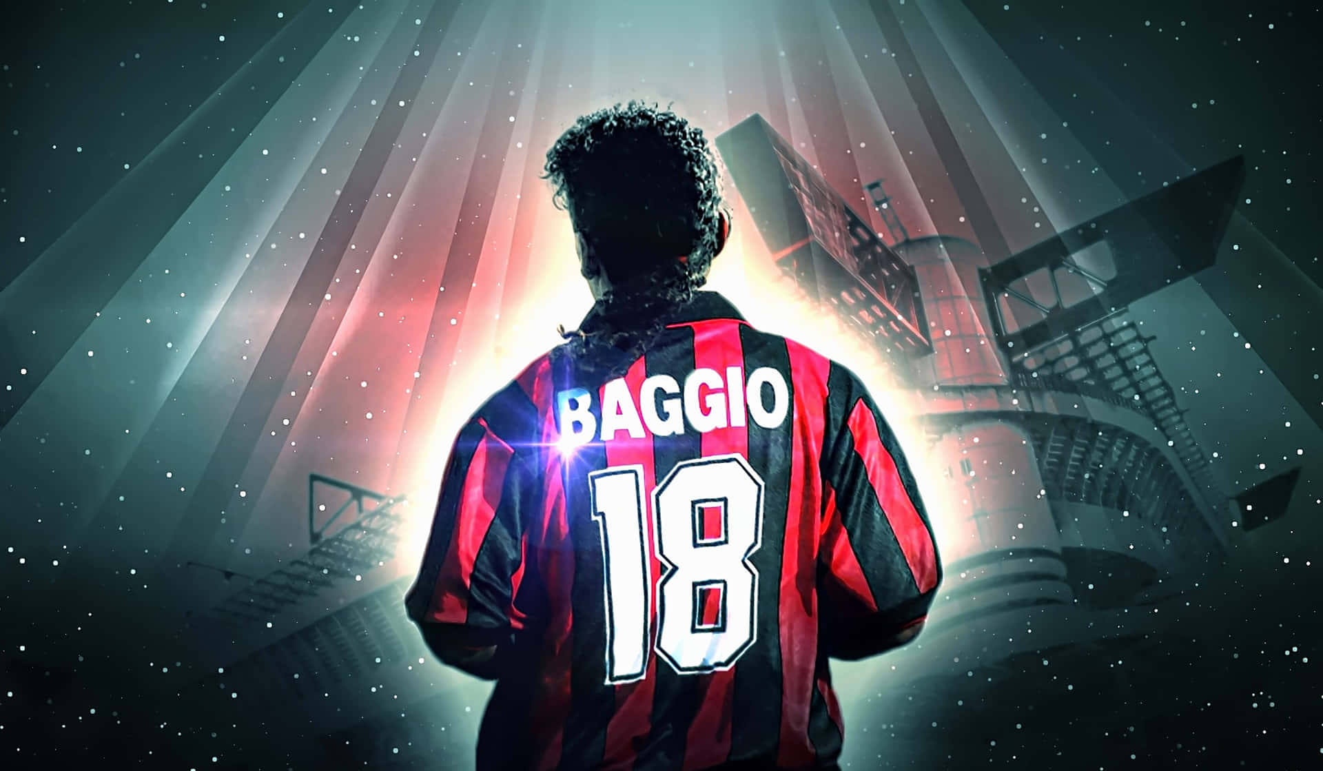  壁紙 — 一名身穿紅黑條紋球衣、印有Baggio 18的足球員，在超現實的球場背景下，背光站在耀眼的光芒中。