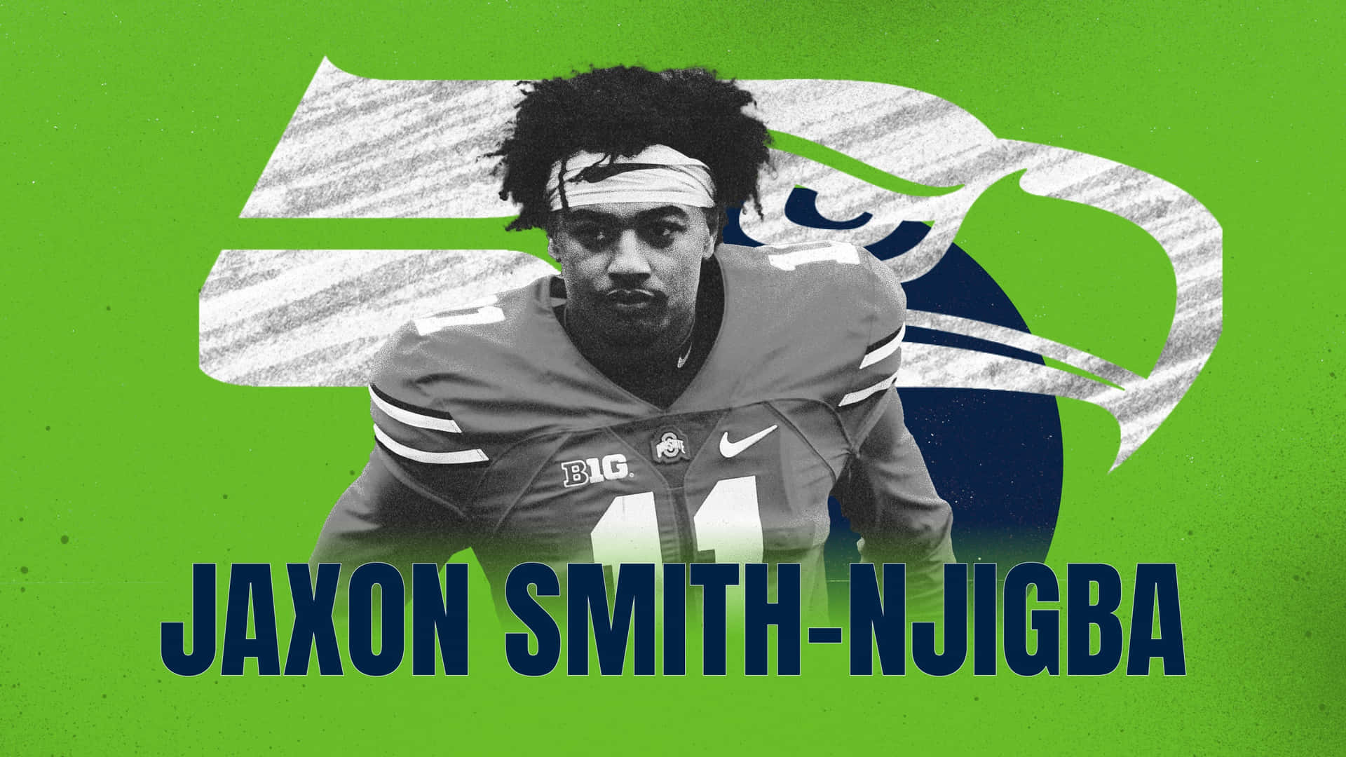  壁紙 — 足球員 Jaxon Smith-Njigba 身穿球衣的黑白肖像，背景為充滿活力的綠色，並帶有風格化的 Seahawks 標誌。