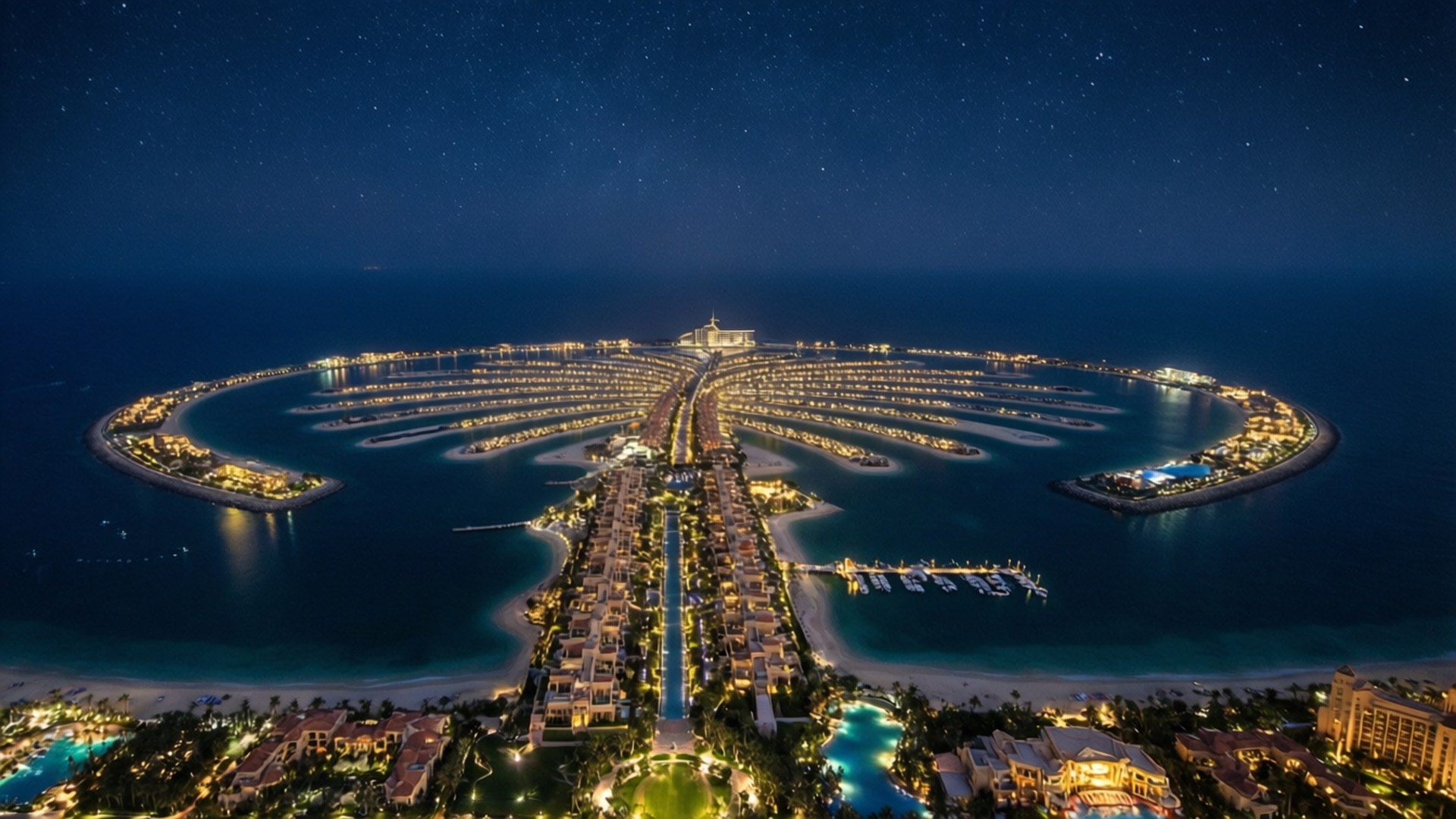 Palm Jumeirah Night Lights 壁紙 — 棕櫚島在星空下閃爍燈光的夜間空中景觀。