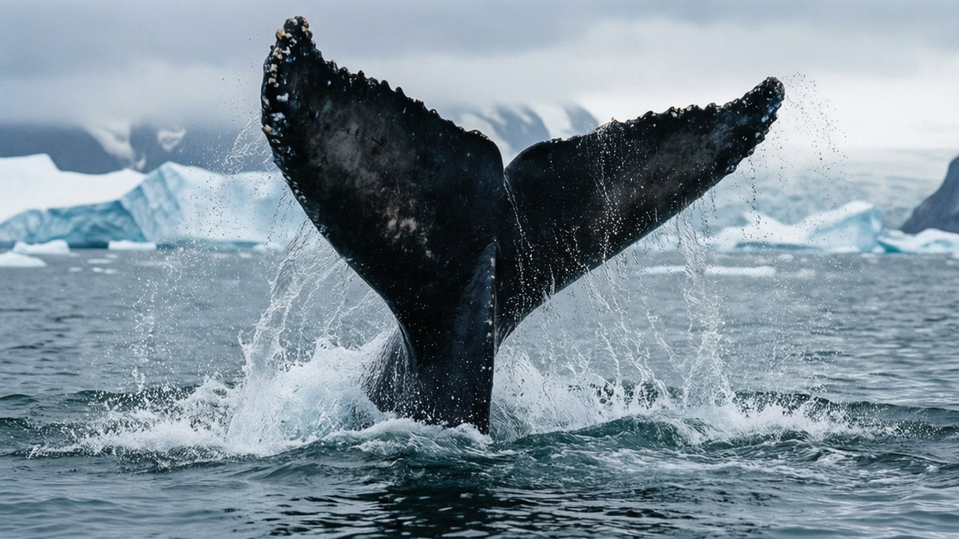 Whale Tail Breach 壁紙 — 座頭鯨的巨大尾巴猛擊冰冷海水，水花飛濺向天空，背景是冰川和霧氣繚繞的山脈。