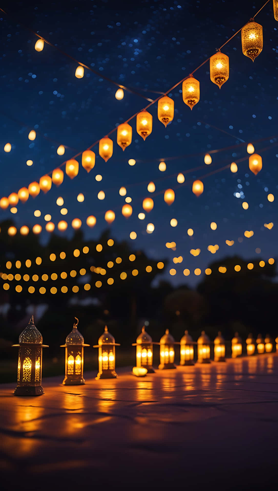 Ramadan Lights: A Night of Reflection and Celebration. smartphone wallpaper 壁紙 — 一串串發光的燈籠和仙女燈在繁星點點的夜空下，在一排點亮的地面燈籠上方閃爍。
