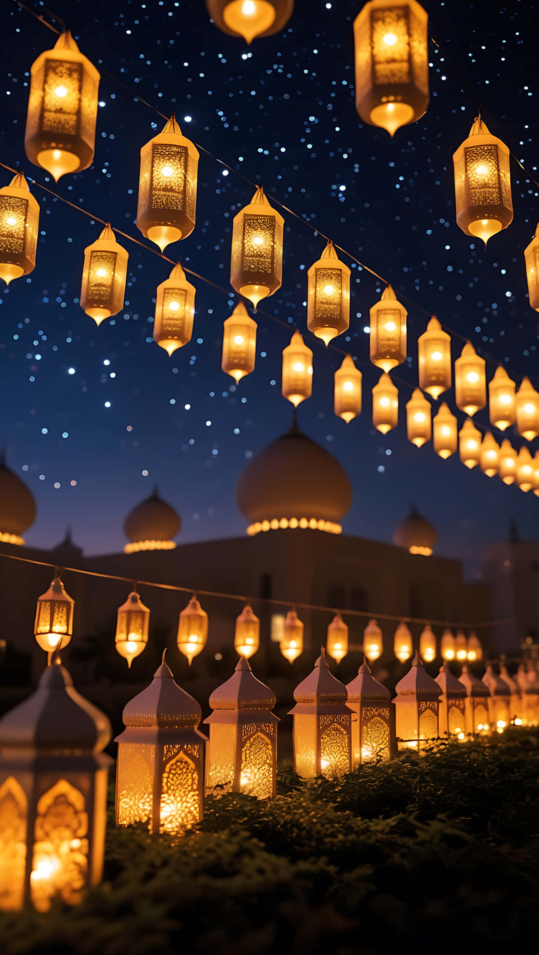 Ramadan Lights: A Night of Reflection and Celebration. smartphone wallpaper 壁紙 — 一串串發光的華麗燈籠懸掛在繁星點點的夜空下，襯托著圓頂清真寺的輪廓。