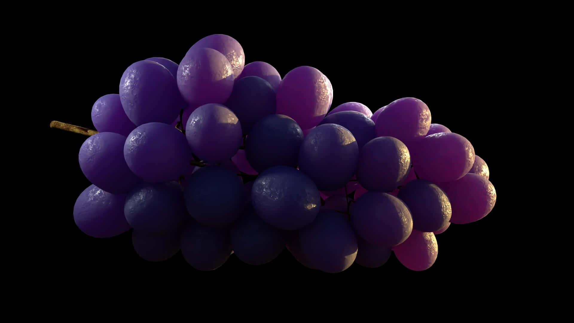 Purple Grapes 桌布 壁紙 — 一串光澤的紫色葡萄，帶有露珠，在純黑背景下閃閃發光。