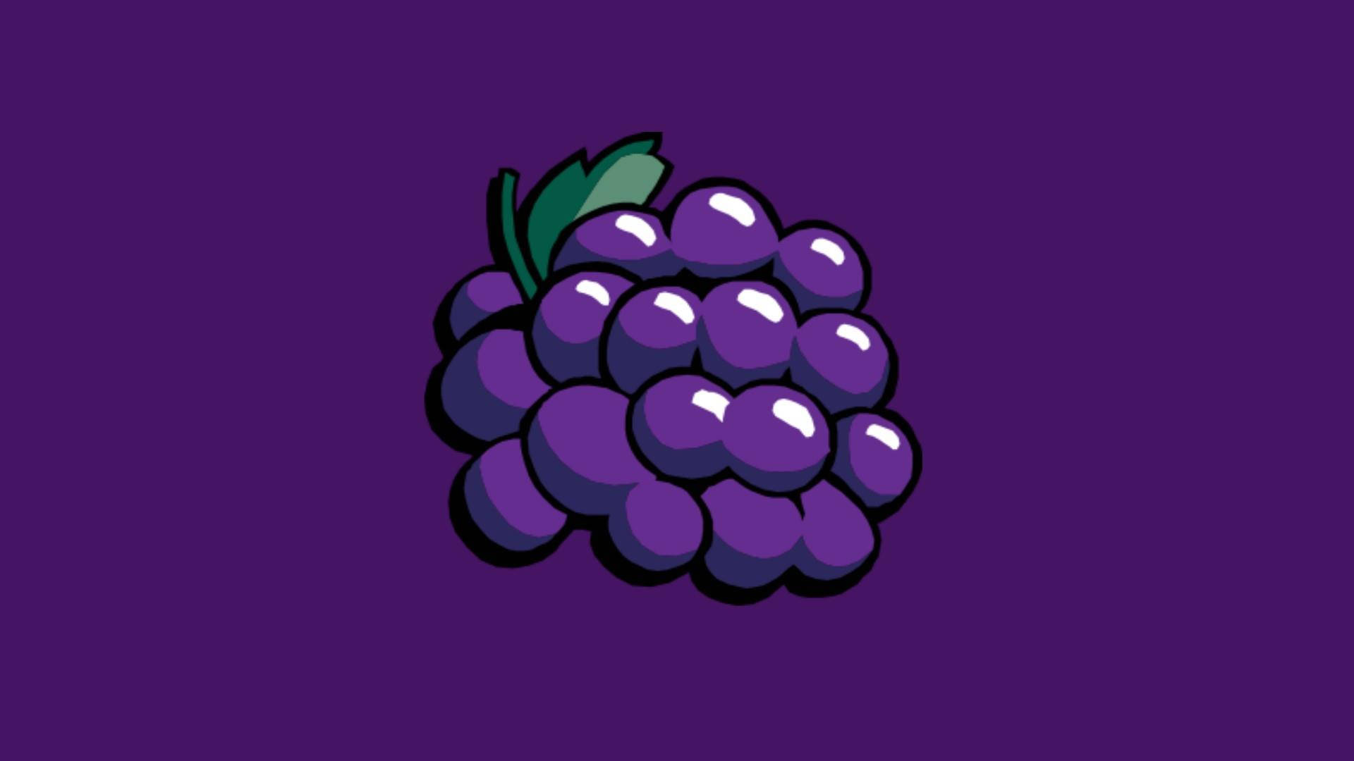 Grape 桌布 壁紙 — 一串卡通風格的紫色葡萄，帶有綠色葉子，背景為純紫色。