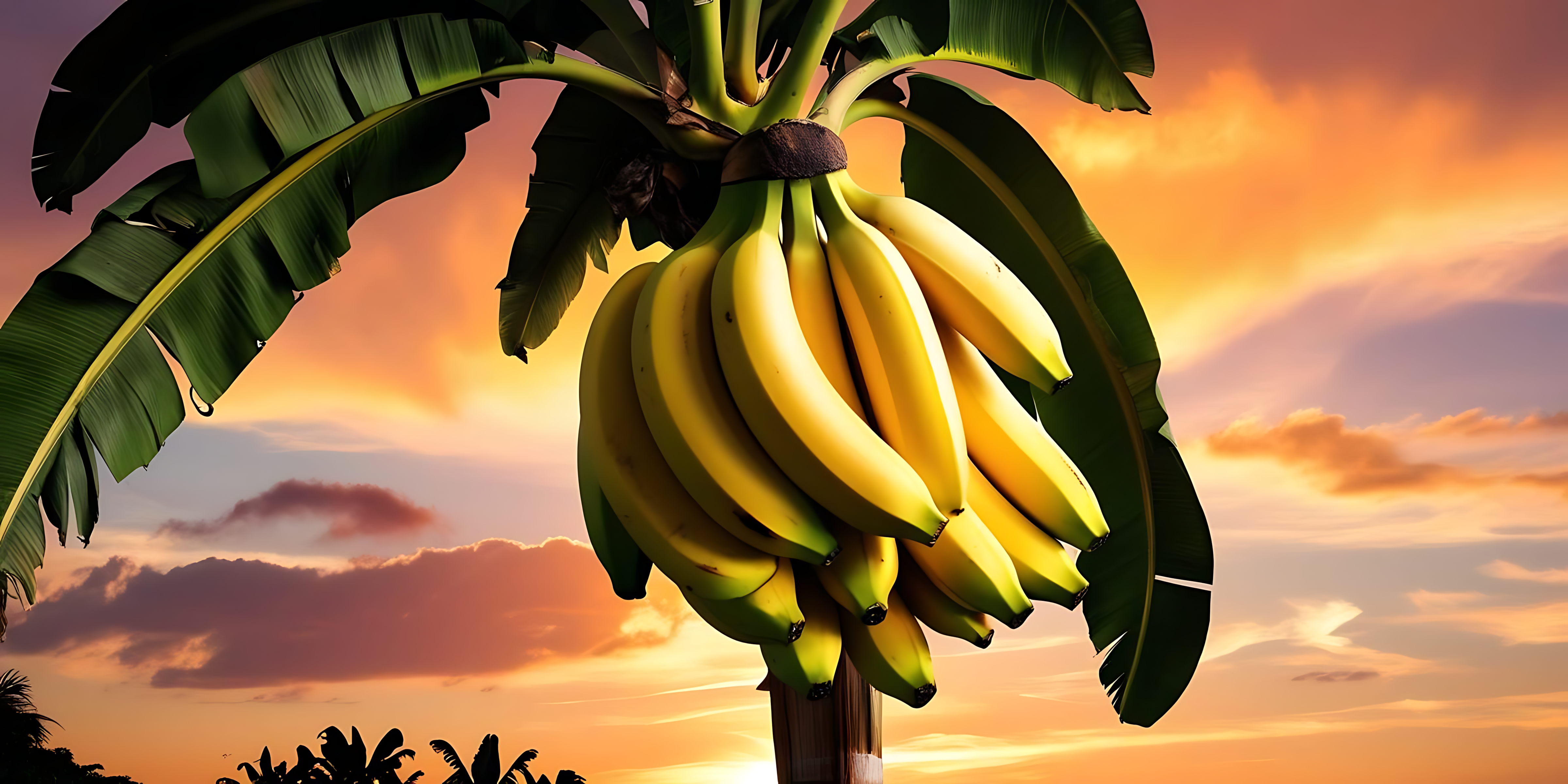 Bananas 桌布 壁紙 — 一串成熟的香蕉掛在棕櫚樹上，背景是充滿活力的橙色和粉紅色日落天空。
