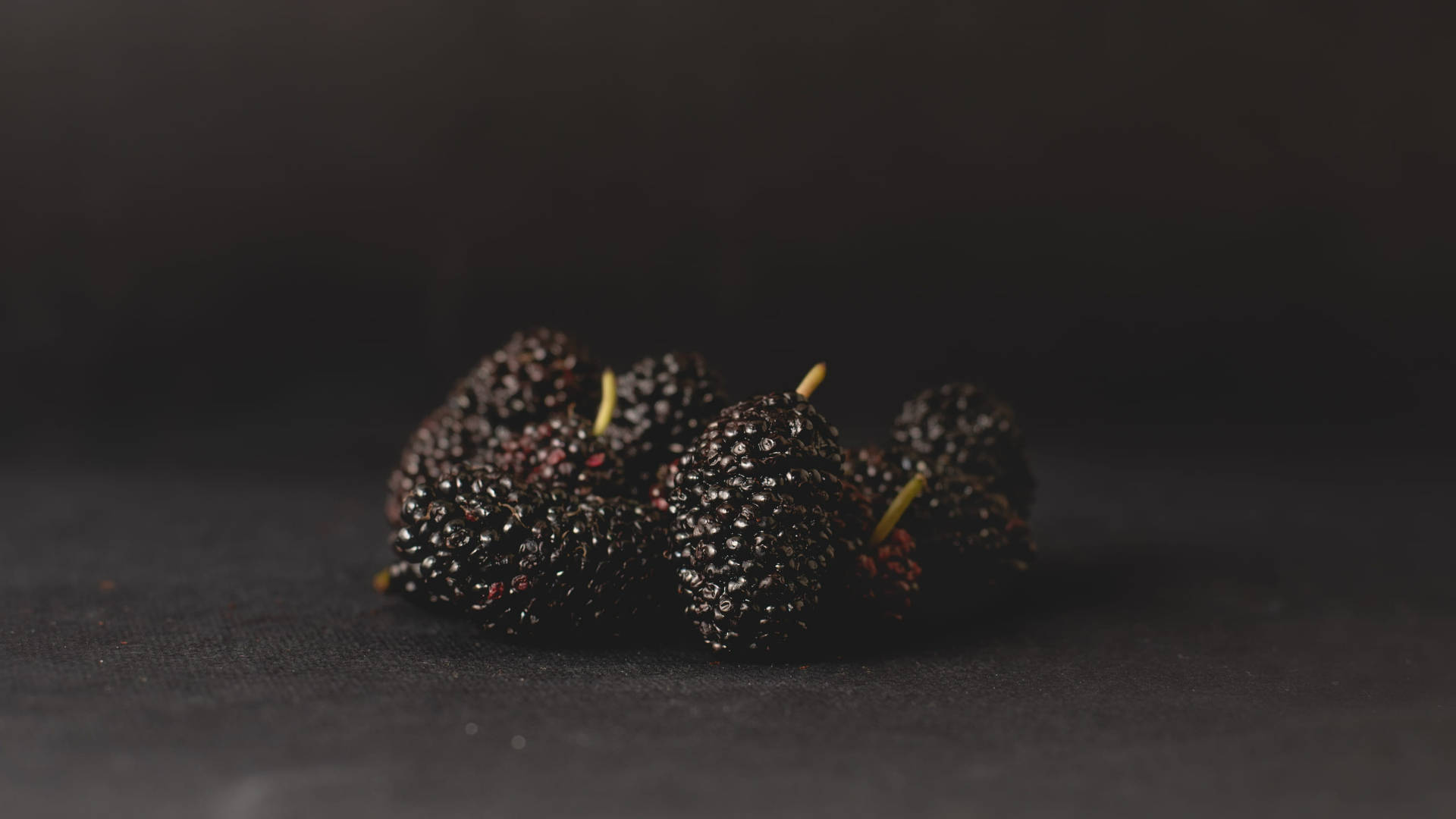 Fruits 桌布 壁紙 — 一串成熟的黑色桑葚帶有細小的黃色莖，放在深色紋理布料上，背景深邃陰暗。
